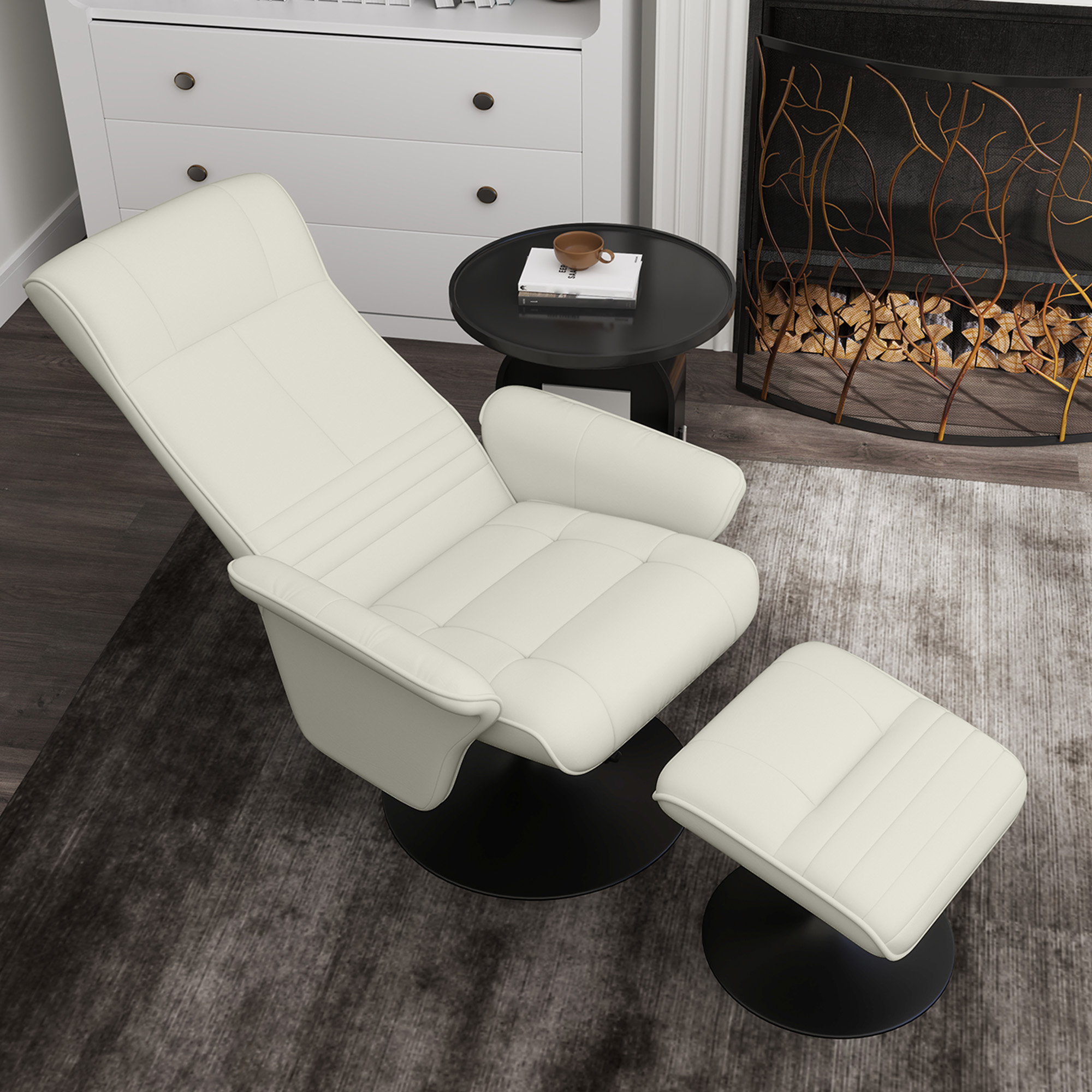 Relaxsessel, Fernsehsessel mit Hocker, drehbar, ergonomisch, Mikrofasertuchoptik, bis 150 kg, Cremeweiß