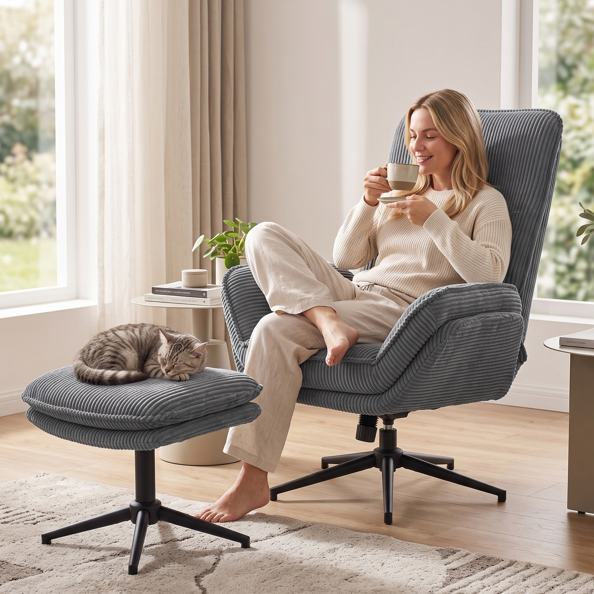 Relaxsessel mit 130° Liegefunktion, Fernsehsessel mit Hocker und Stahlrahmen, Grau