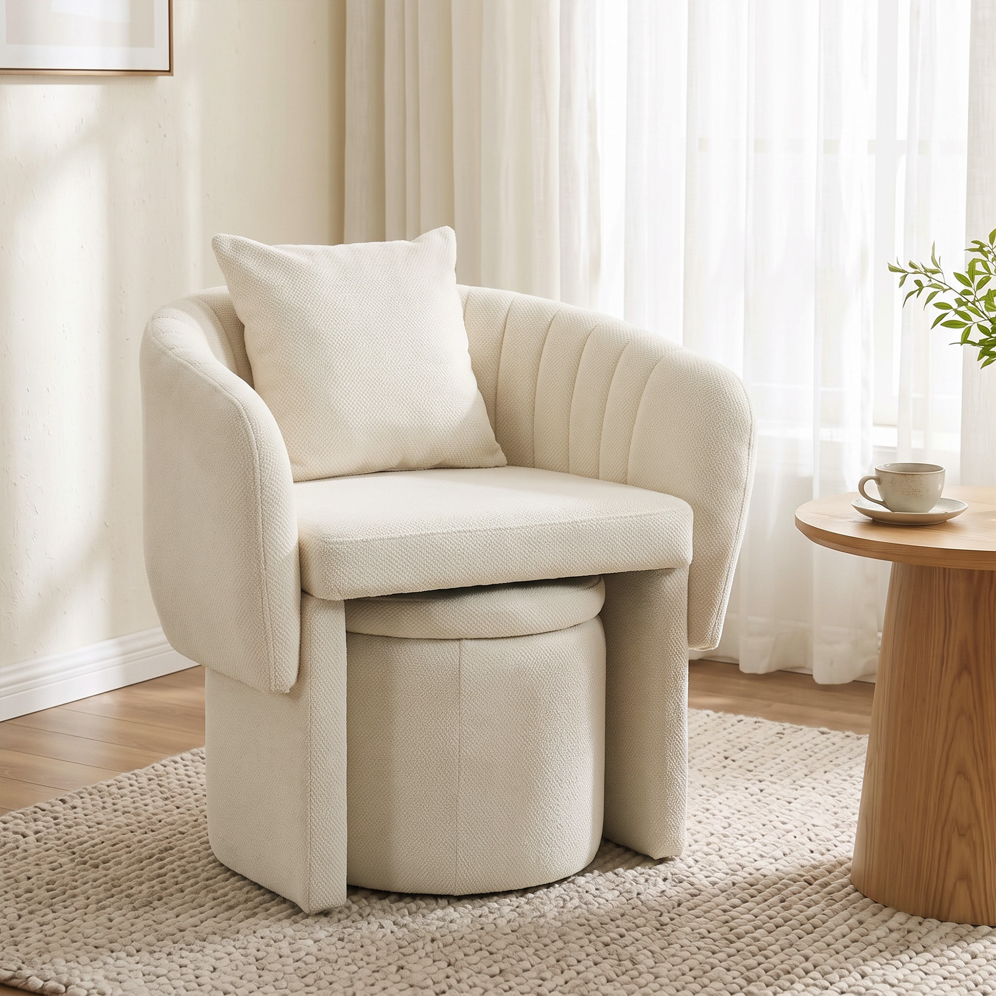 Relaxsessel mit Hocker Loungesessel mit Geschwungene Rückenlehne, Armlehnen, Nordischer Chenille Gepolstert Beige