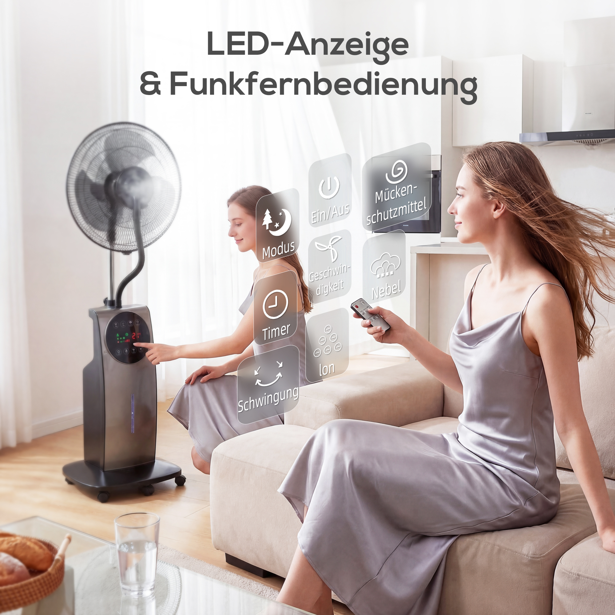 Sprühnebelventilator mit Fernbedienung, Standventilator mit Wassernebel, 70° Oszillation, 3 Geschwindigkeiten, 3 Modi, 3,1L Wassertank