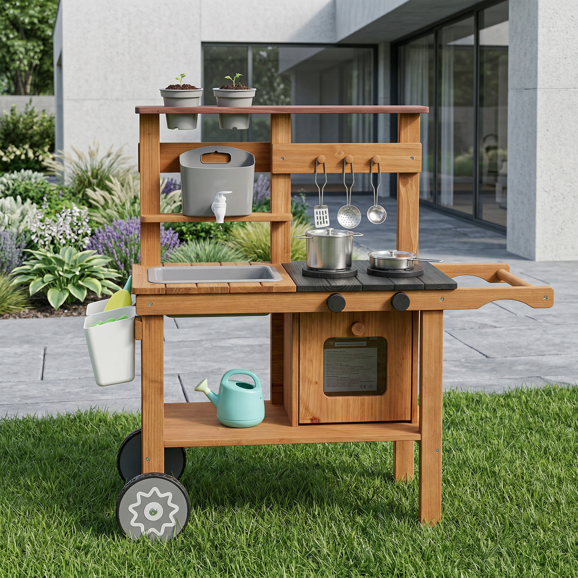 Matschküche Kinder Outdoor Spielküche aus Holz mit Wasserhahn Spüle Pflanzkasten Rädern Stauraum für 3-6 Jahre Braun