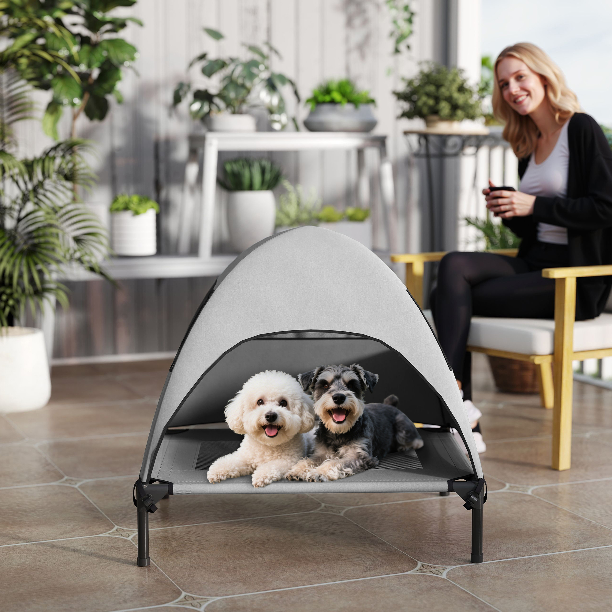 Hundeliege Outdoor mit Dach, erhöhtes Hundebett für Mittelgroße Hunde, 76 x 61 x 71cm, Hellgrau