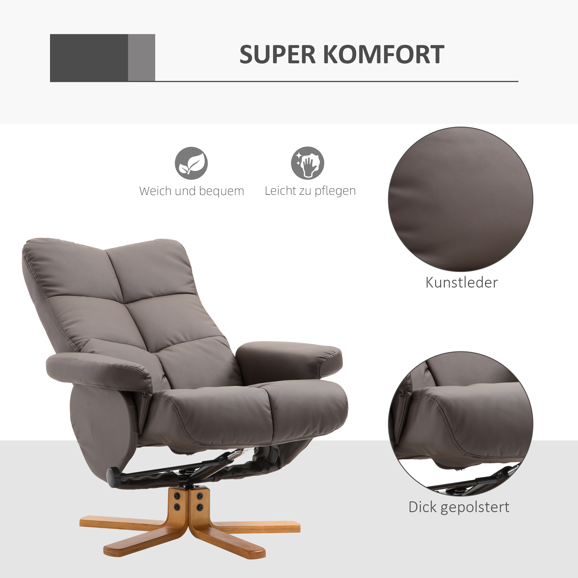 Relaxsessel mit Hocker, 360°drehbarer Fernsehsessel mit Liegefunktion Lesesessel für Schlafzimmer, Wohnzimmer, Kunstleder, Braun