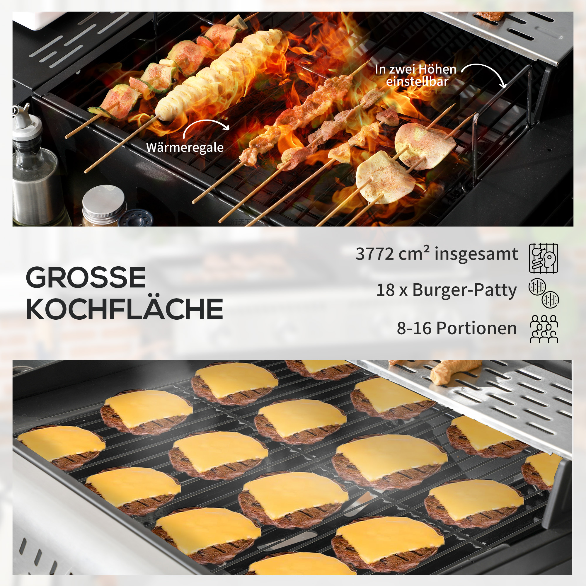 Gasgrill BBQ-Grill, inkl. Thermometer, Warmhalteplatten, 161 x 54 x 103 cm, Schwarz + Silber