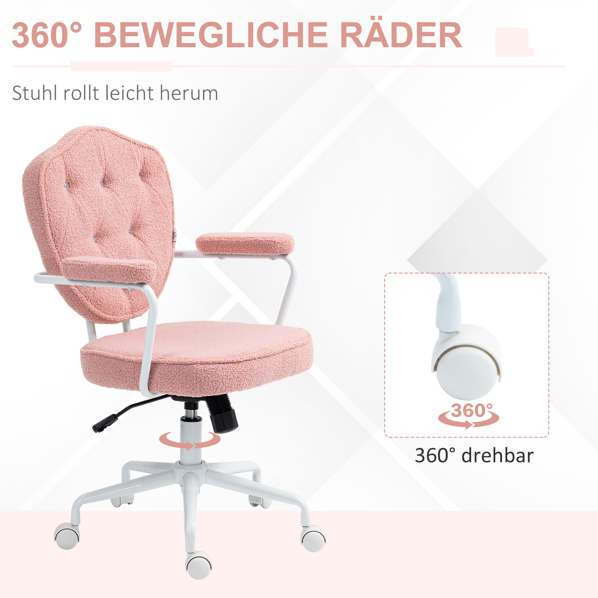 Bürostuhl mit geknöpftem, weichem Bezug, höhenverstellbar, Rosa