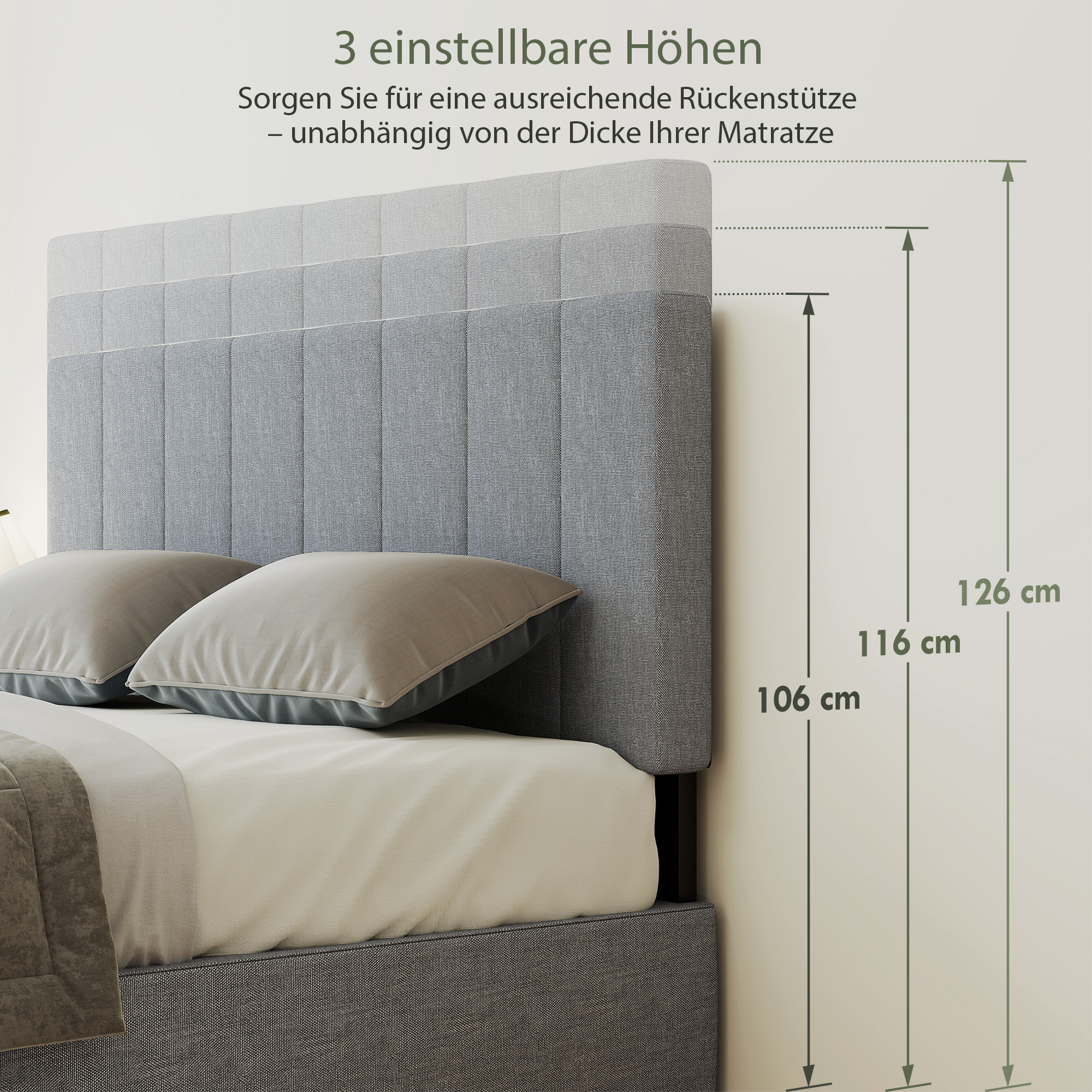 Kopfteil 3-fach höhenverstellbar Bettkopfteil mit Metallbeinen Leinenoptik für Schlafzimmer 160x10x106/116/126 cm Grau