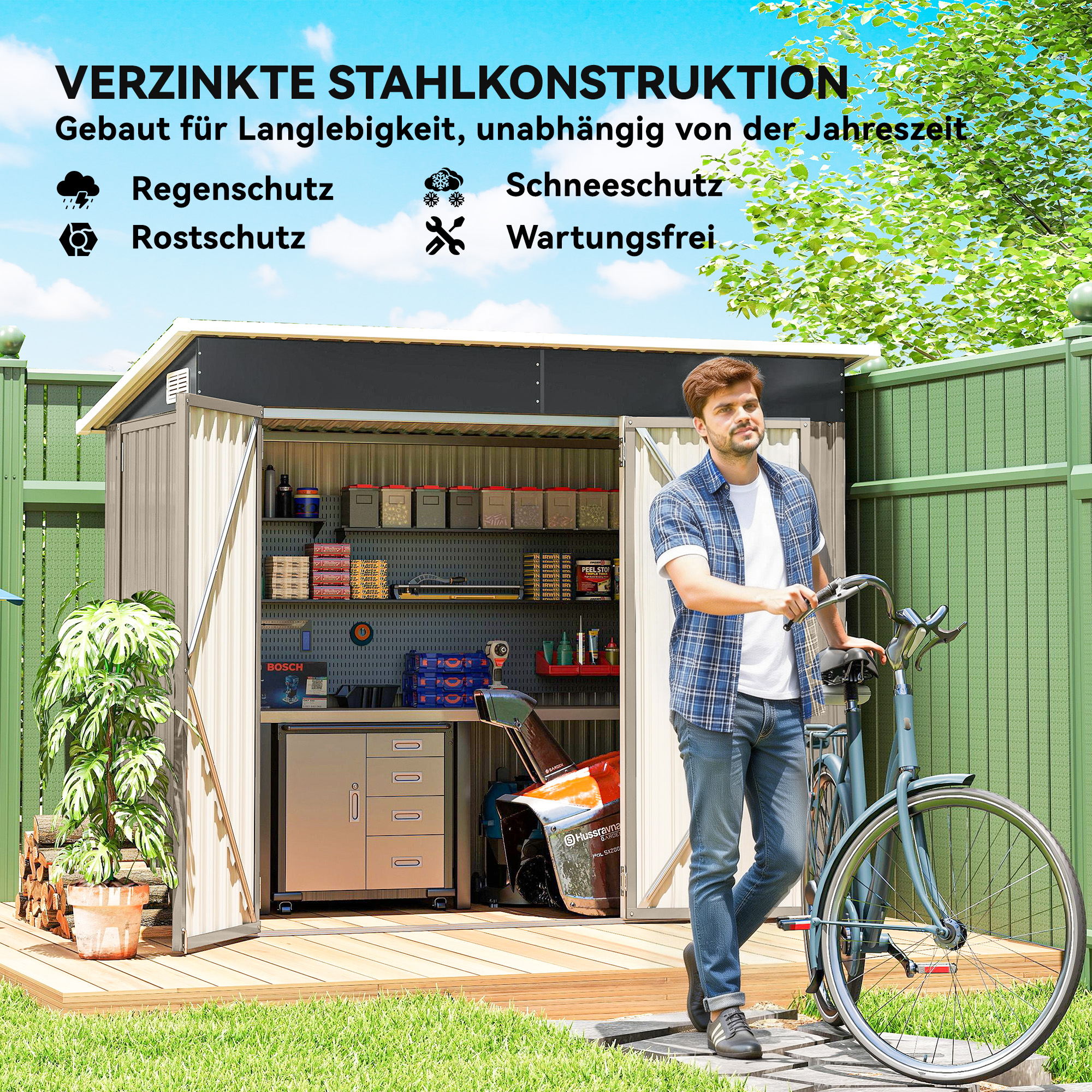 Metall Gerätehaus 2,68 m², abschließbar Geräteschuppen mit 3 Türen Lüftung Pultdach Handschuhen