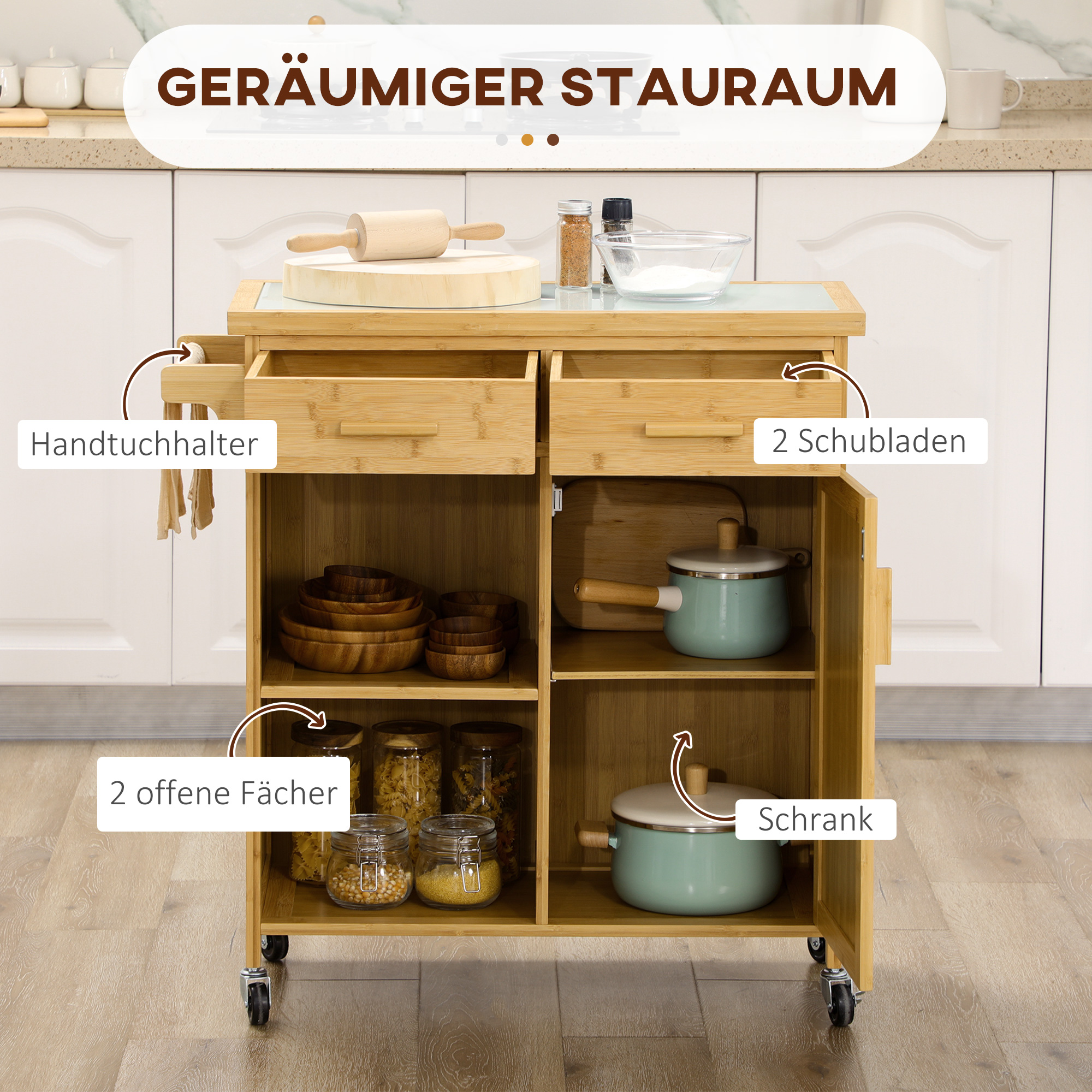 Küchenwagen aus Bambus, Mehrzweckwagen, Sevierwagen, 2 Schubladen, 1 Schrank,  2 Regale, Natur