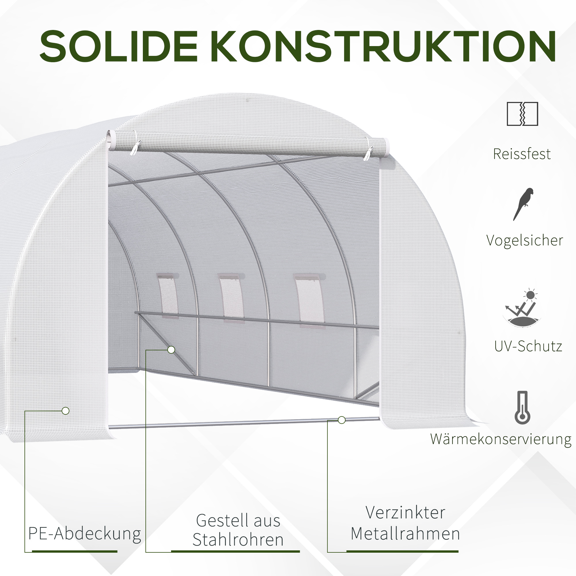 Gewächshaus 595x300x200cm Foliengewächshaus Tomatenhaus mit Tür, Fenster, Folientunnel aus verzinktem Stahl, Pflanztunnel, Treibhaus inkl. Erdanker Seilen, Gartentunnel, Weiß