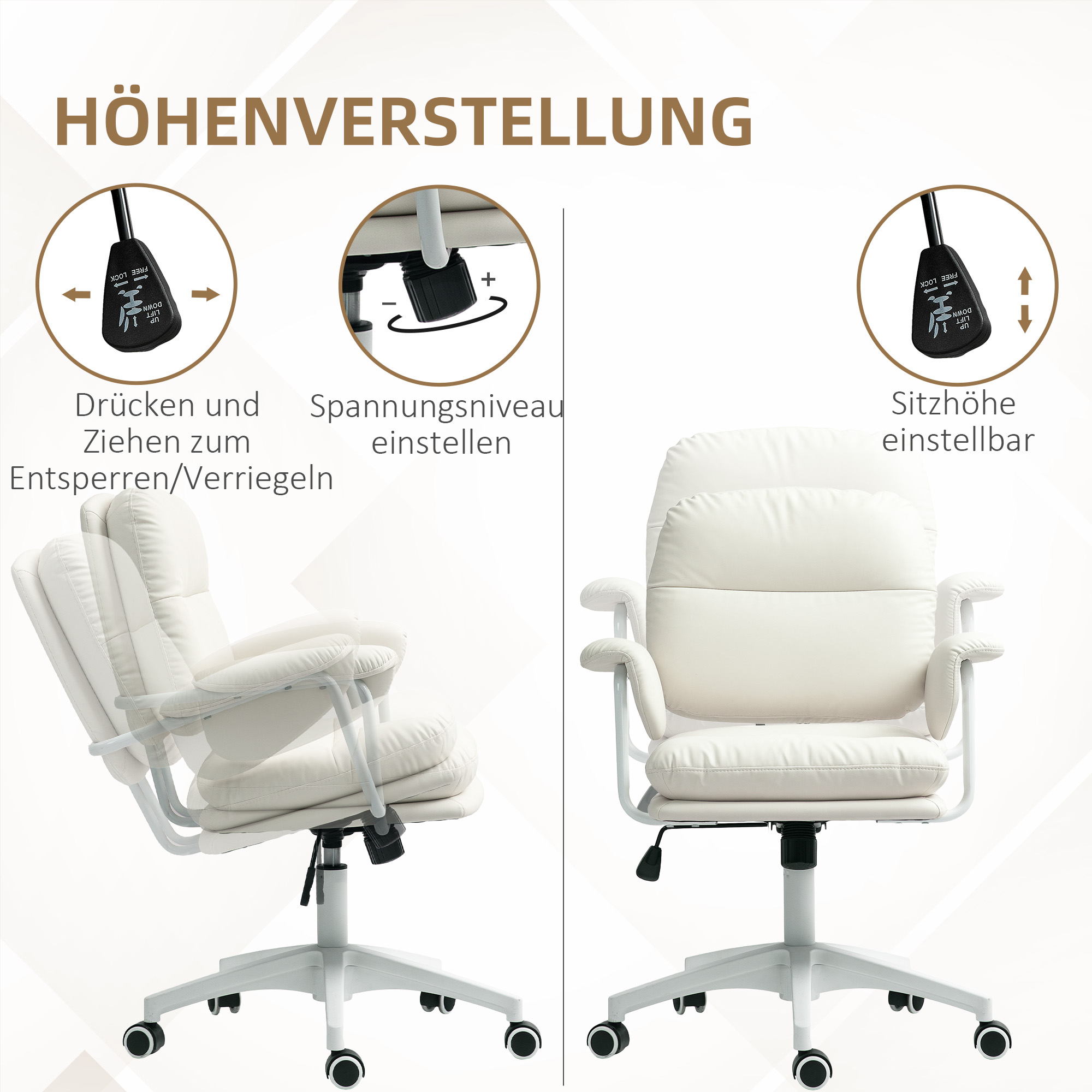 Höhenverstellbarer Schreibtischstuhl mit weichem Kissen und Kunstleder-Bezug, flexiblen Rädern und Kippfunktion, Weiß
