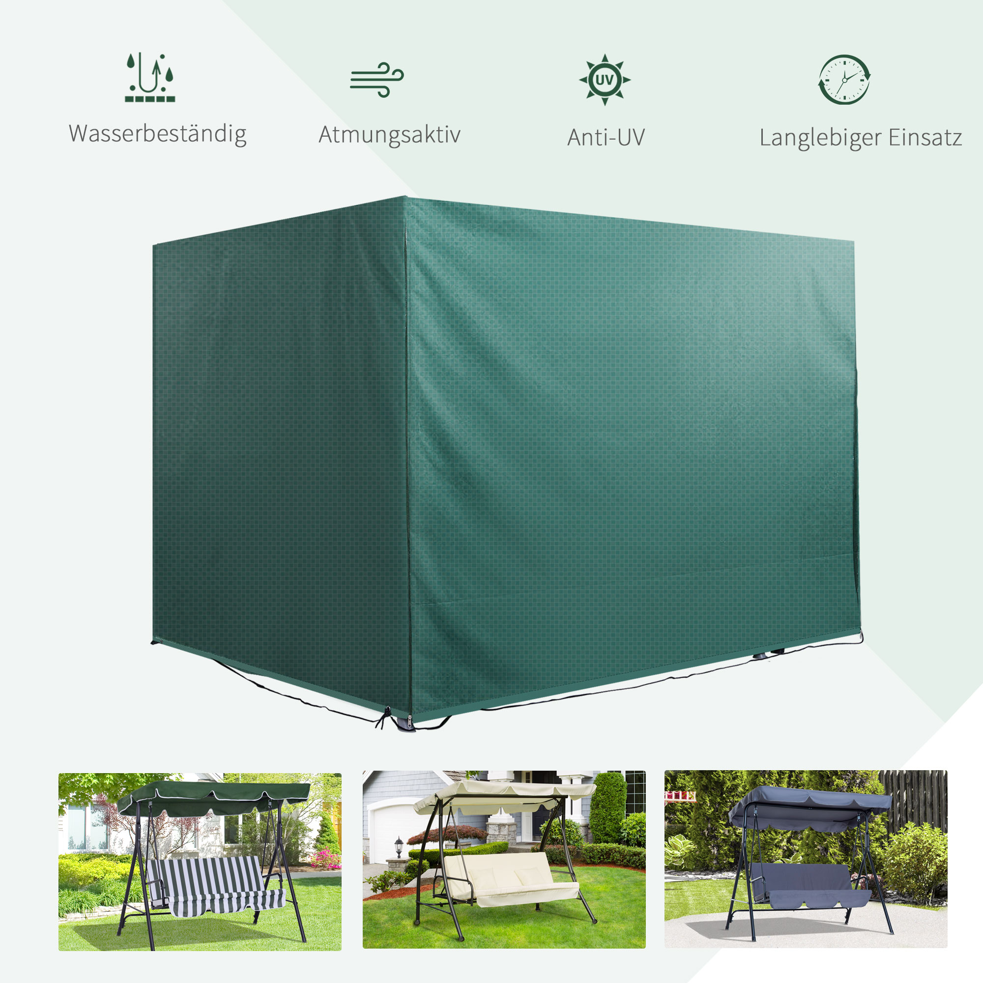 Hollywoodschaukel Abdeckung 3 Sitzer, Wasserdicht Winterfest Schutzhülle für Gartenschaukel, Winddicht UV-Beständig Abdeckplane für Gartenmöbel, Hängesessel, 215 x 155 x 150 cm Grün