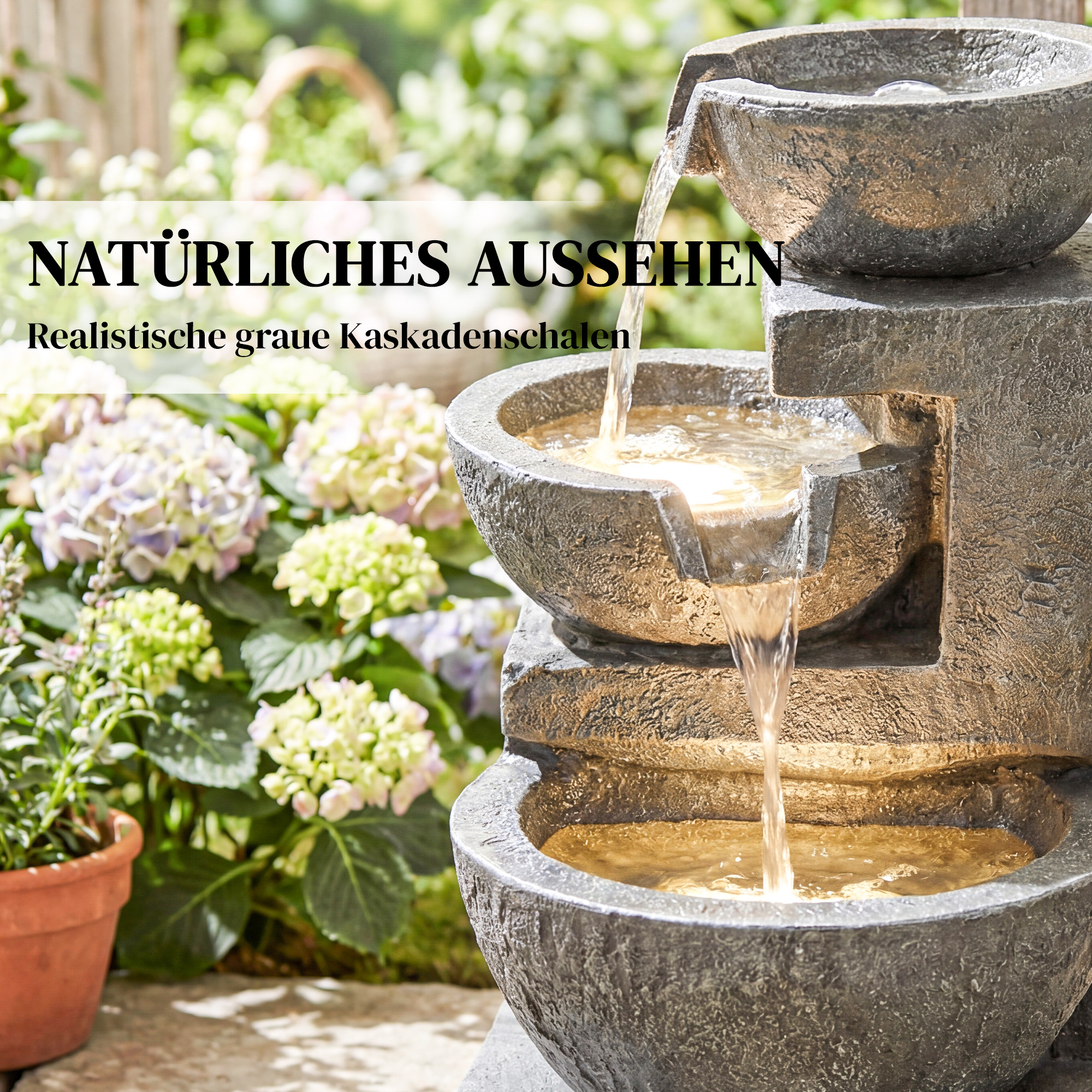 Springbrunnen 3-stufig Gartenbrunnen mit LED Beleuchtung Pumpe Steinoptik, Verstellbar 40 x 37 x 61 cm