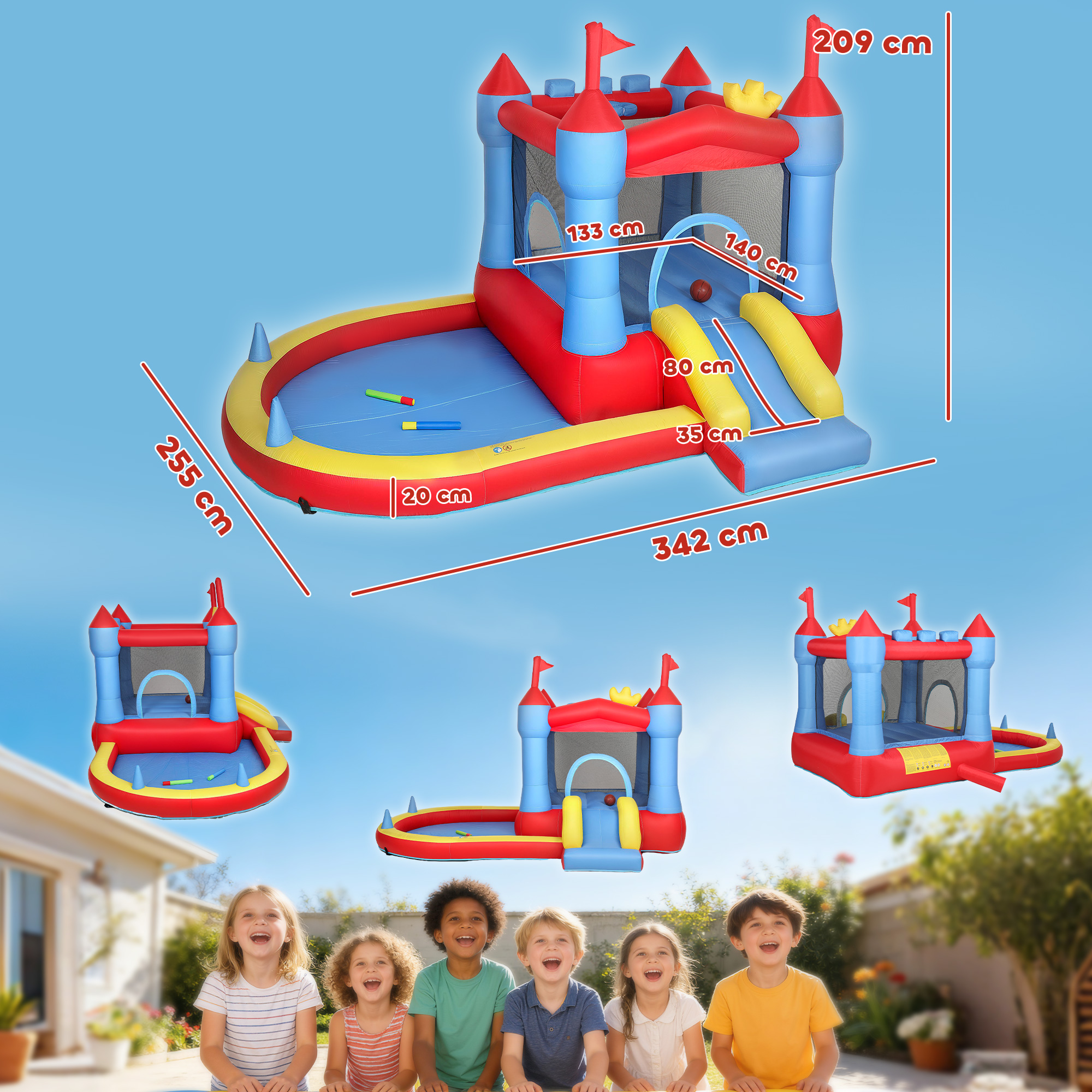 Aufblasbar Hüpfburg mit Gebläse Rutsche Trampolin Planschbecken/Bällebad Wasserpistole 342x255x209 cm Blau