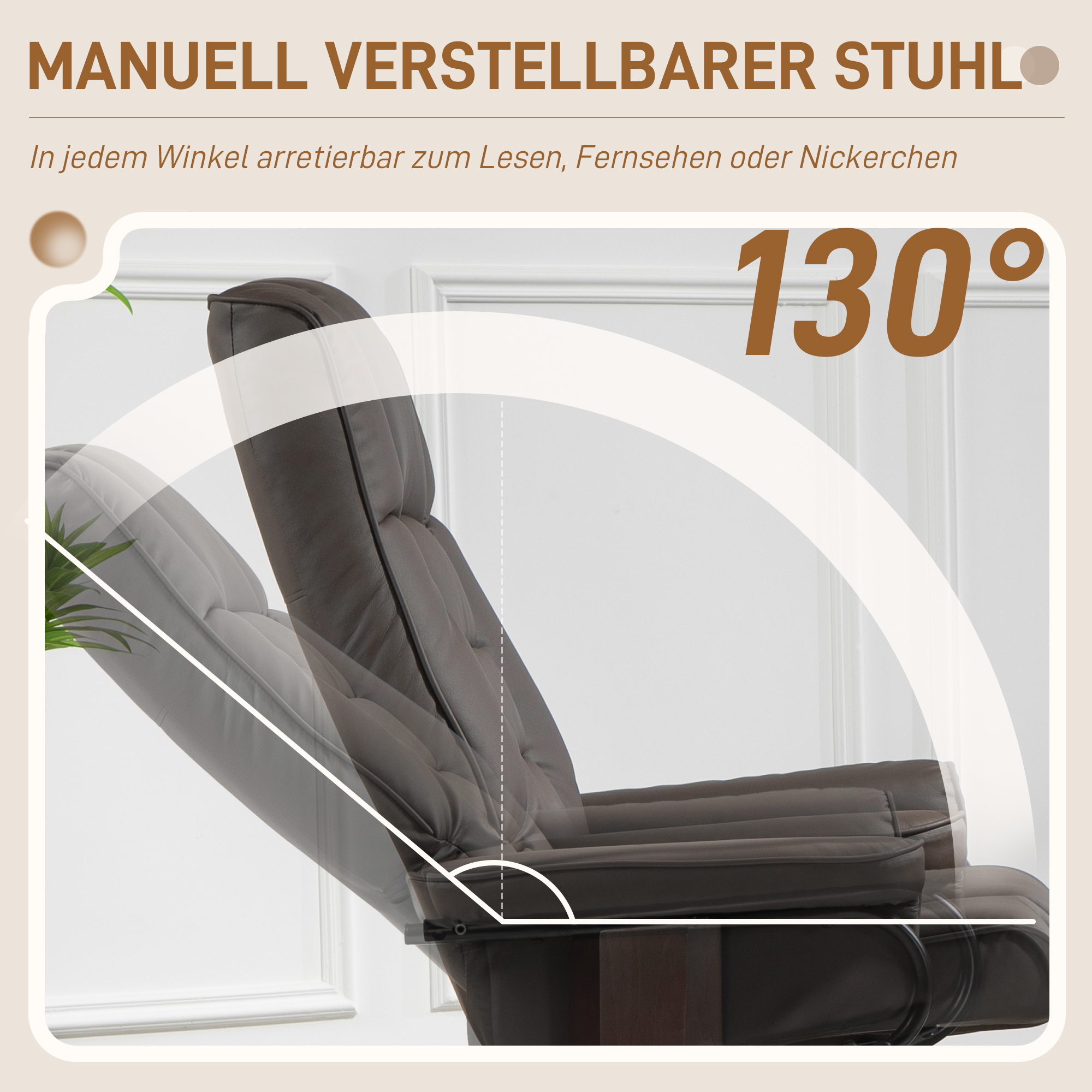 Relaxsessel mit Hocker, drehbar & neigbar, Kunstlederbezug, bis 150 kg, Holzgestell, Braun