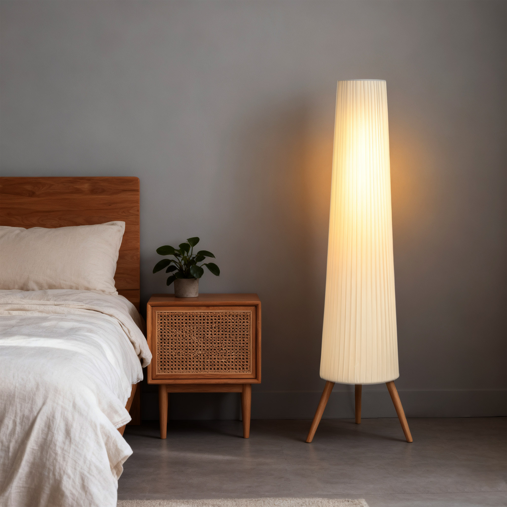 LED Stehlampe Wohnzimmer Dimmbar Holz mit Dreibein, Stehleuchte mit Fußschalter, 46 x 46 x 153 cm, Weiß
