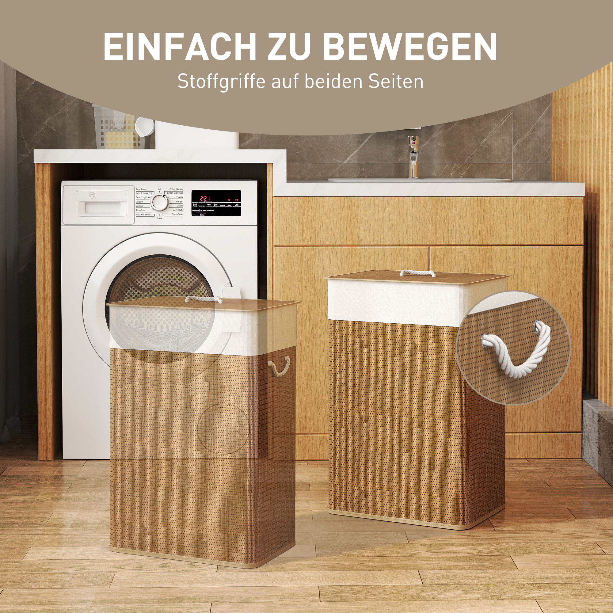 Bambus Wäschekorb mit Deckel 72 L Wäschesammler mit Bambusgriffen, herausnehmbarer Wäschesack Braun
