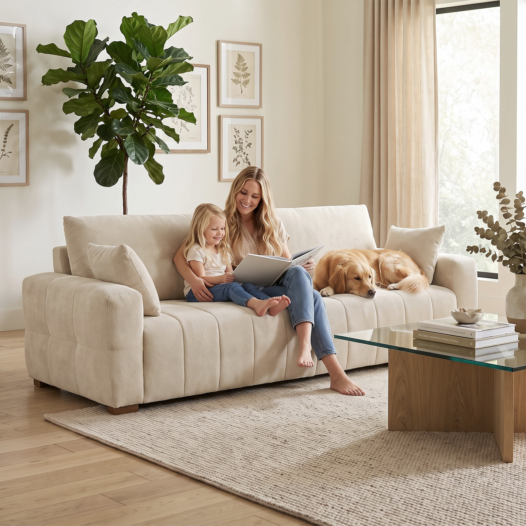 3-Sitzer Sofa mit bodentiefen Armlehnen gepolsterte Wohnzimmercouch Holzbeine Cremeweiß