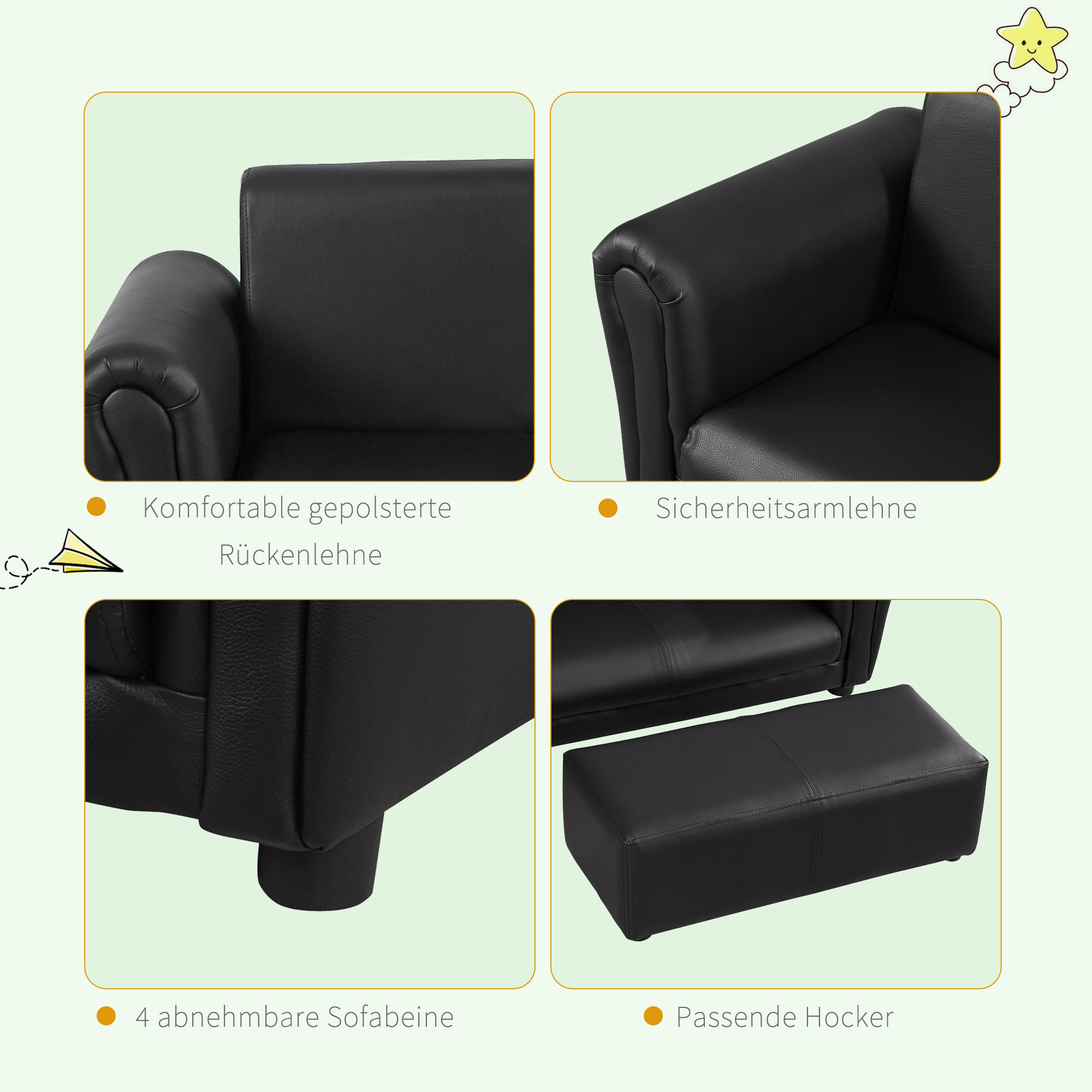 Kindersessel mit Fußhocker, Kindercouch mit Hocker, Kindersofa, Sofa Sessel, Schwarz, 83 x 42 x 41 cm