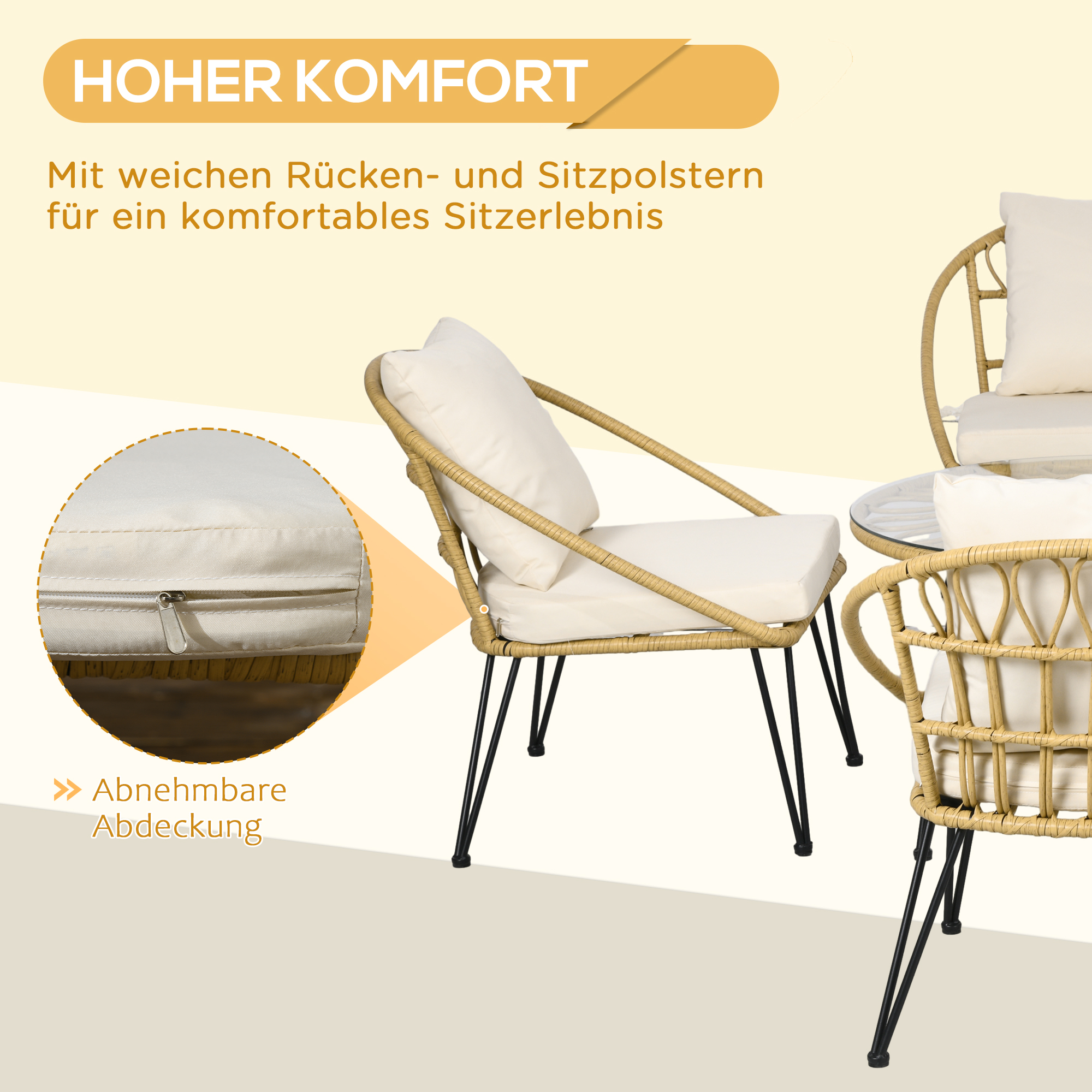 5-teilige Gartensitzgruppe, Boho-Stil, 1 Esstisch & 4 Stühle, Auflagen, Polyrattan, Beige/Natur