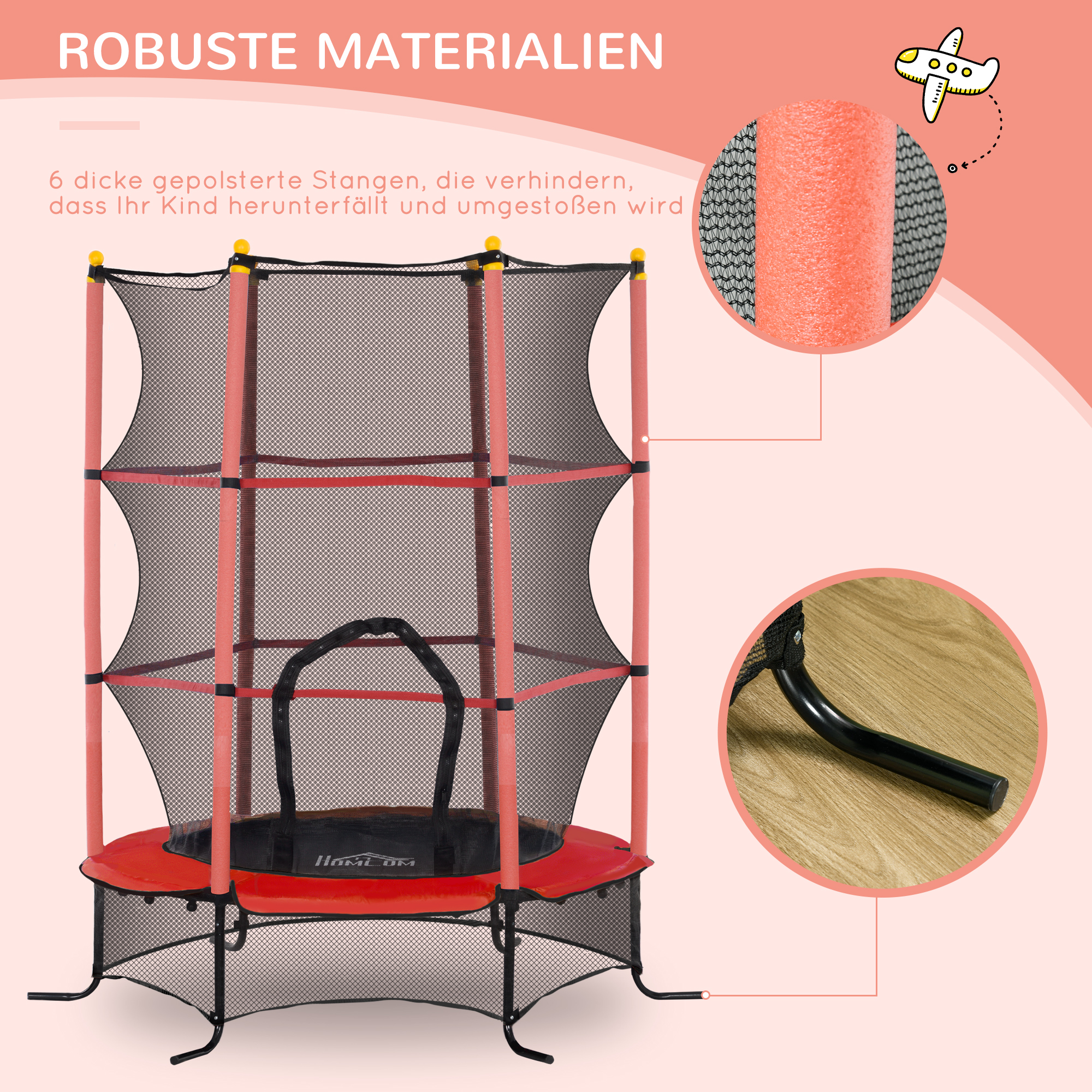 Trampolin für Kinder, Ø163 cm, mit Sicherheitsnetz, für drinnen und draußen, Belastung bis 50 kg, Stahl, Kunststoff, Rot