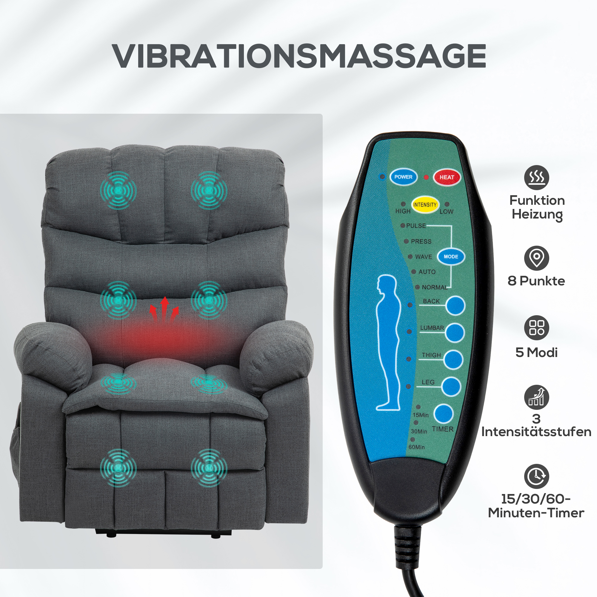 Aufstehsessel, elektrischer Liegesessel mit Massagefunktion, Polstersessel mit Aufstehfunktion, Metall, Stoff, Grau