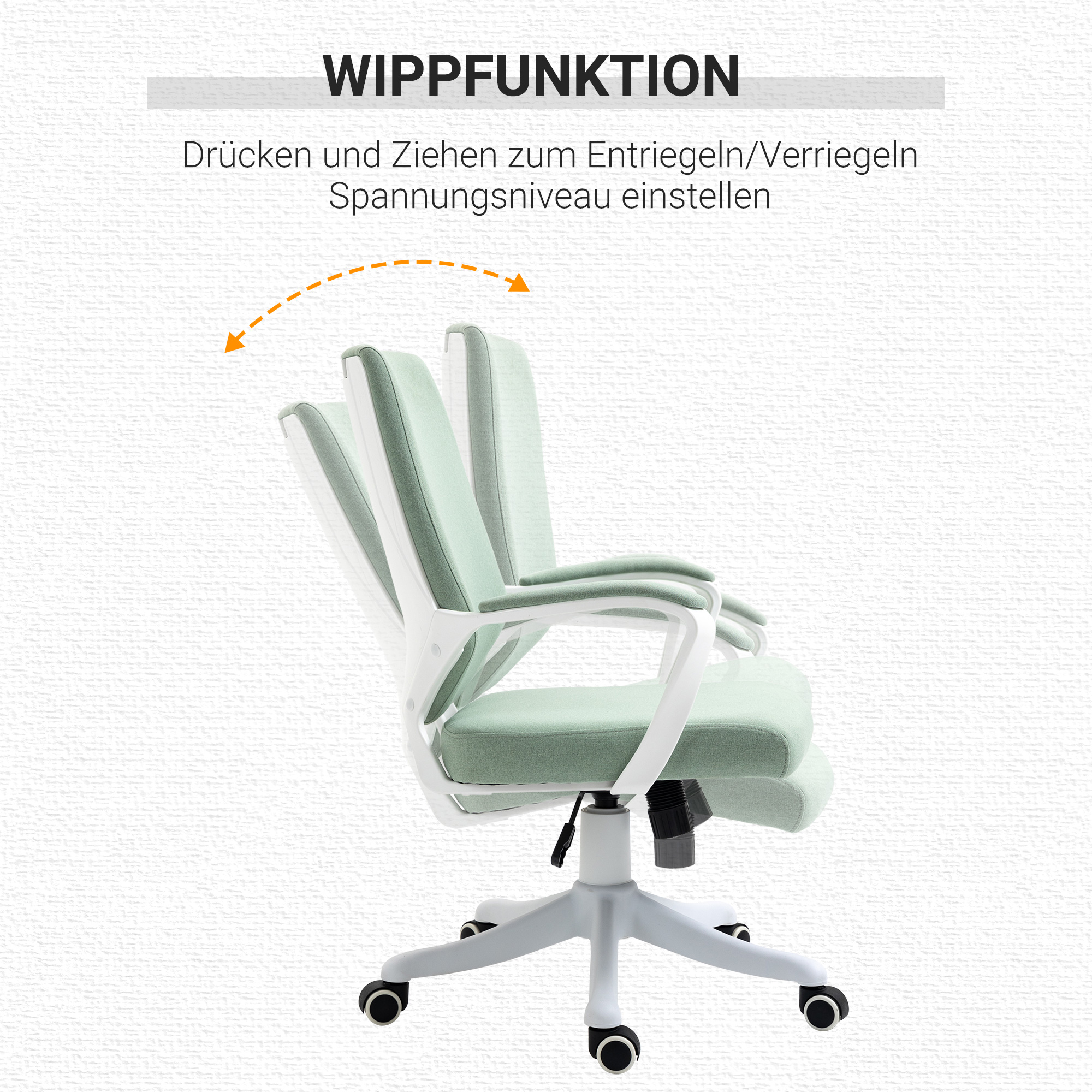 Bürostuhl Schreibtischstuhl Home-Office-Stuhl mit Wippenfunktion Rückenlehne höhenverstellbarer dick gepolstert ergonomisch 360°-Drehräder Polyester Nylon PP Grün+Weiß 62x69x92-100 cm