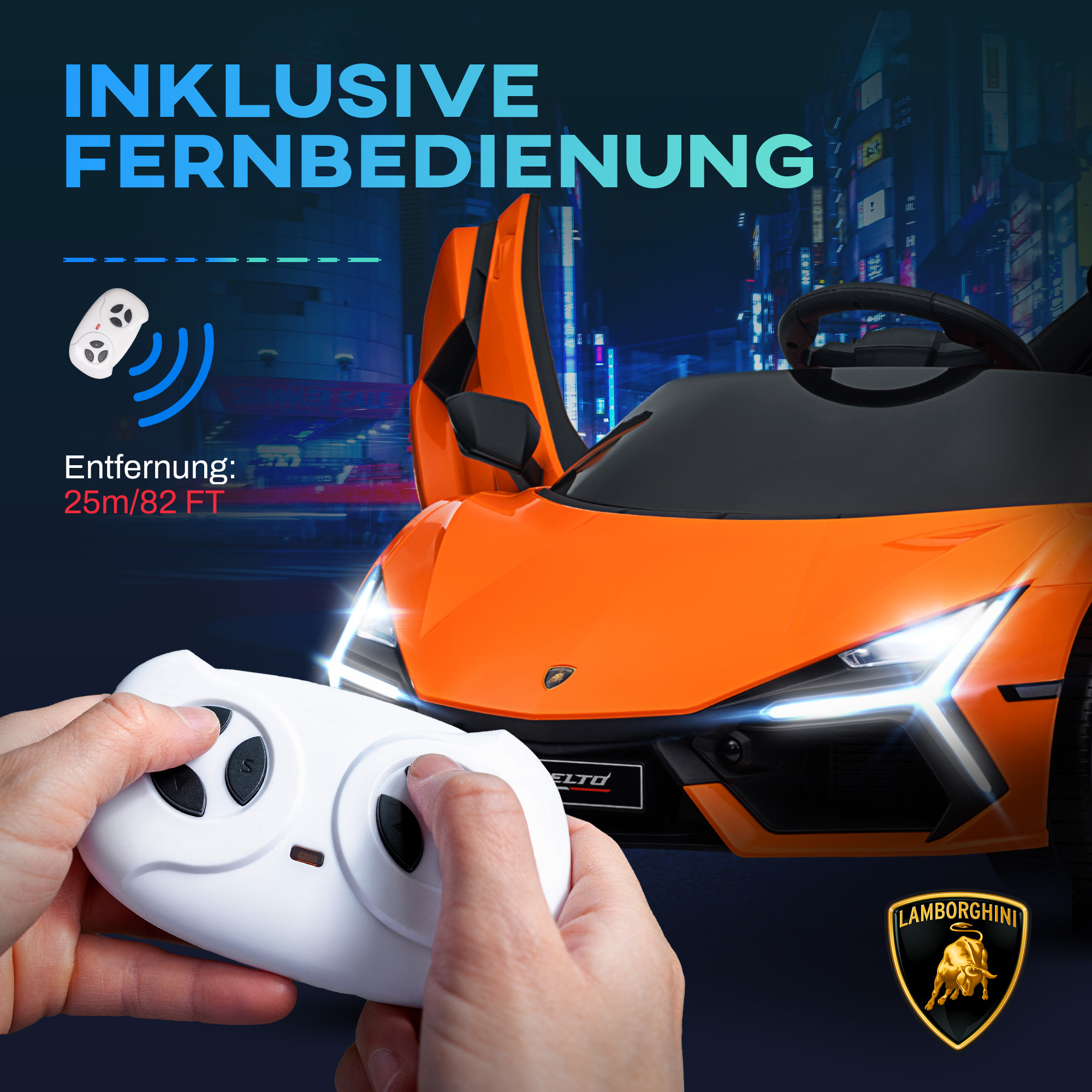 Elektroauto für Kinder von 3-5 Jahren, sanfter Antrieb, fernsteuerbar, mit Hupe, Kunststoff und Metall, Orange