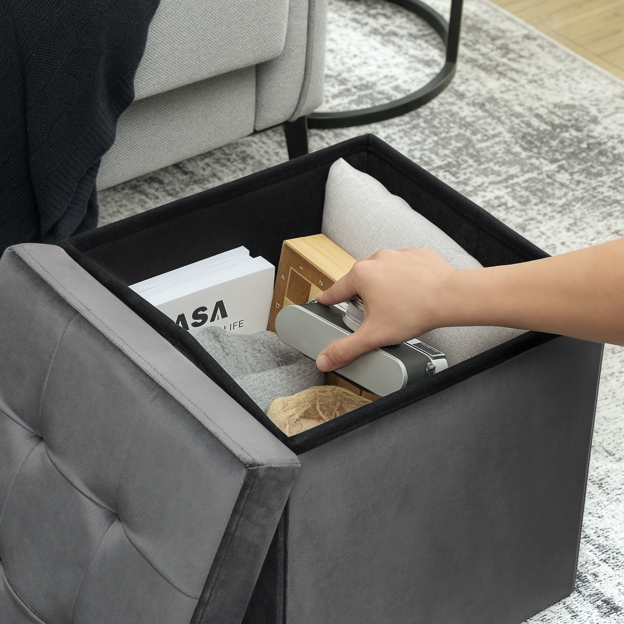 Klappbarer Sitzhocker mit Stauraum, Aufbewahrungsbox, Schaumstoff, MDF, Grau