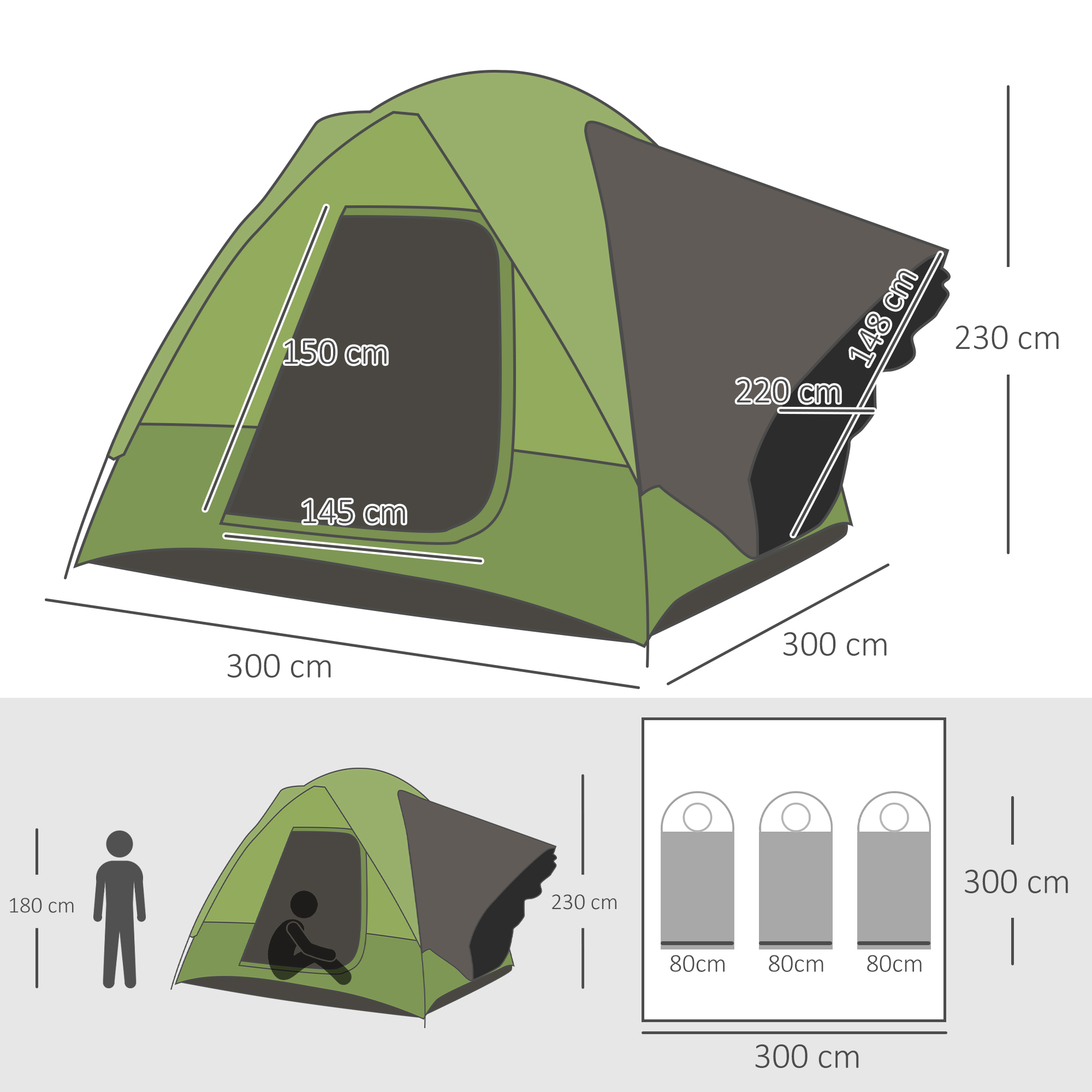 Autozelt, Campingzelt, Reisezelt, für 4-5 Personen, Glasfaser Polyester, Grün, 300 x 300 x 230 cm