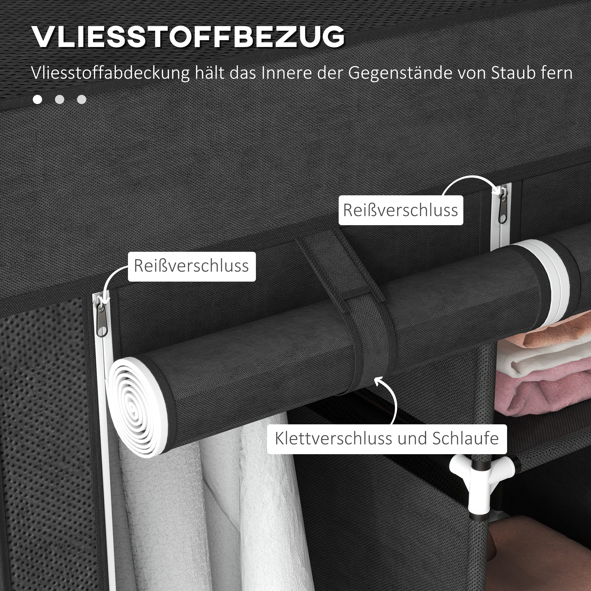 Stoffschrank aus Vlies, Faltschrank, inkl. 3 Schubladen, 125 cm x 43 cm x 162,5 cm, Schwarz