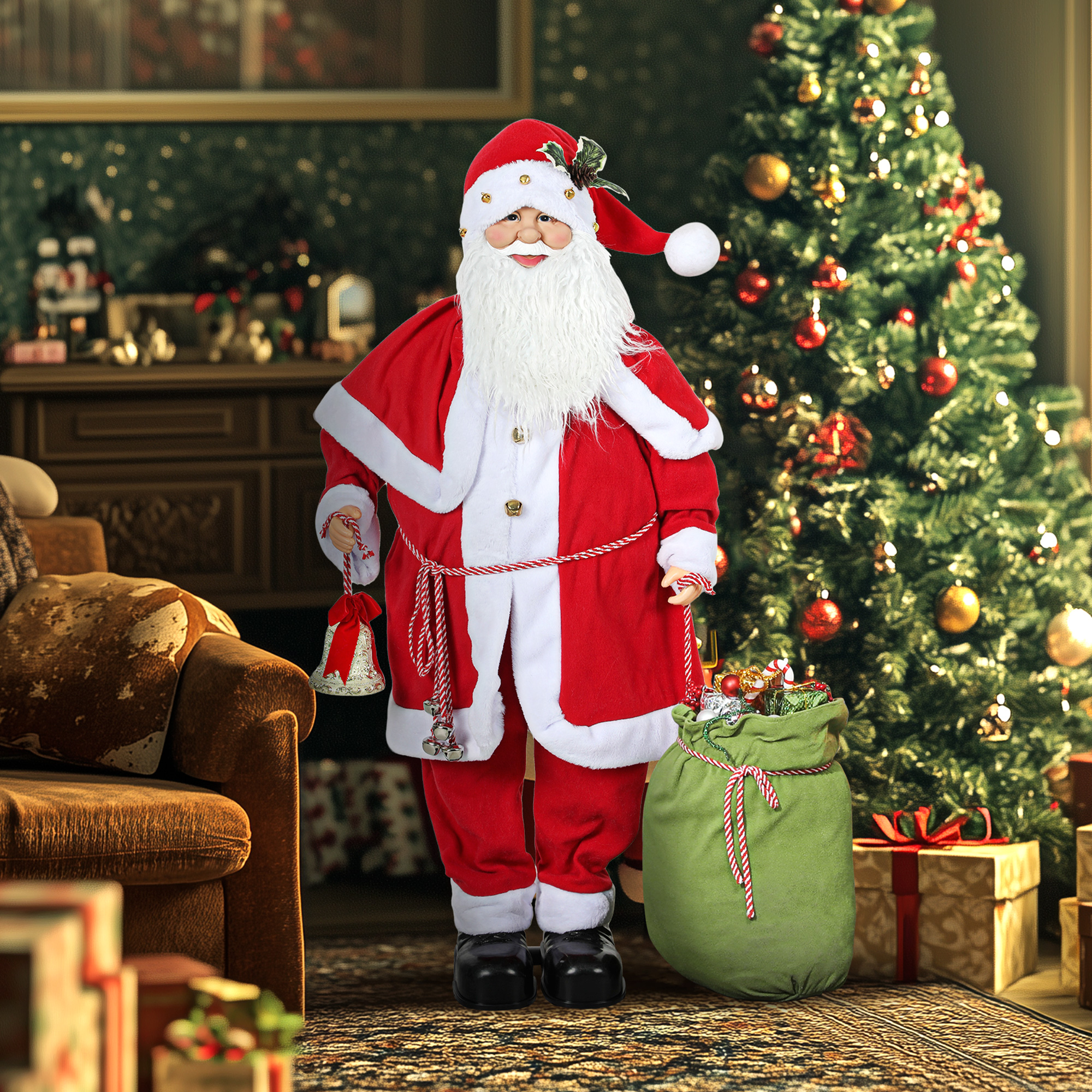 Weihnachtsmannfigur, beweglich, mit Geräuschsensor, Lachen & Musik, 140 cm, Rot