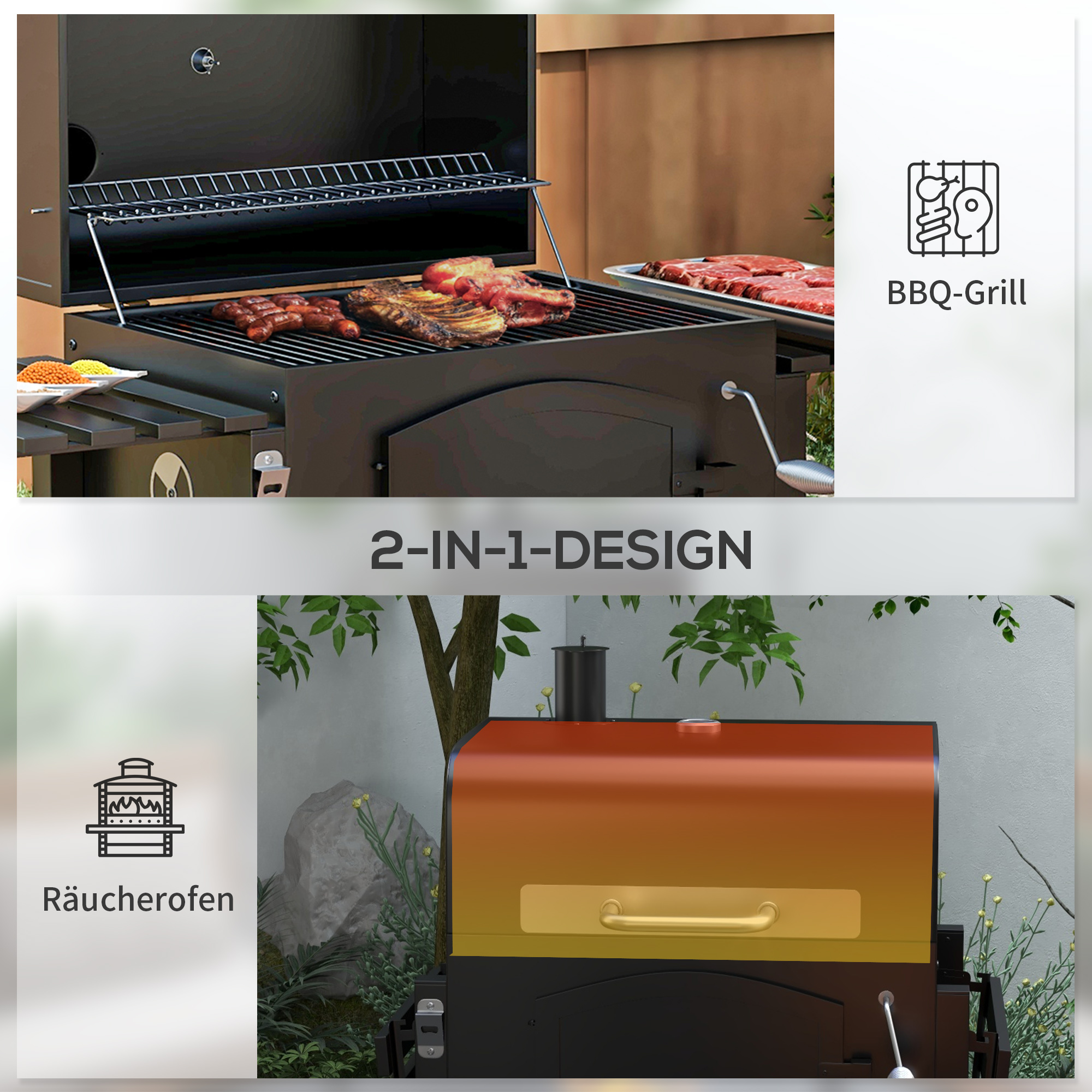 Holzkohlegrill BBQ-Grill Smoker, verstellbares Kohlefach, Seitenablagen, 124 x 66 x 112 cm, Schwarz