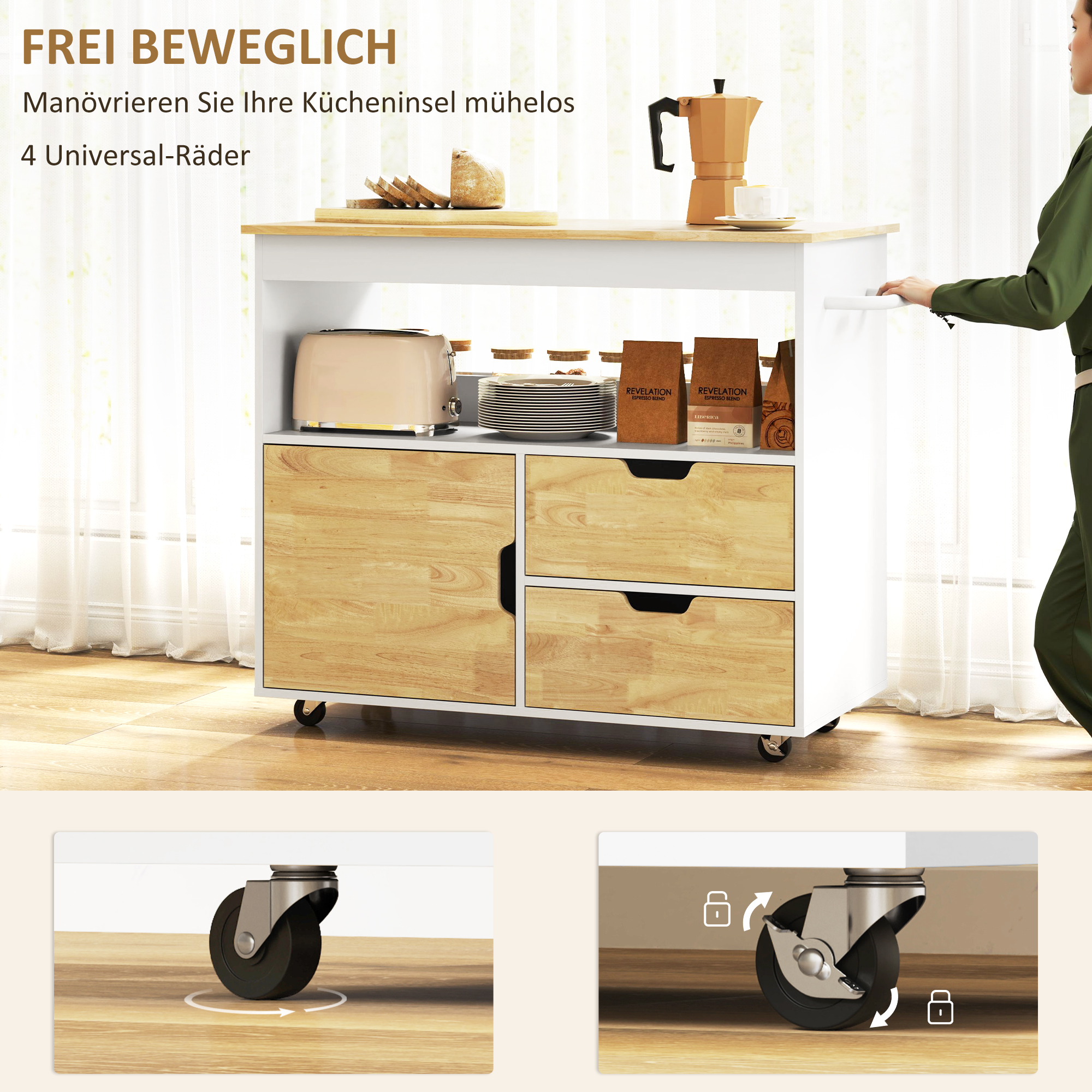 Küchenwagen, Rollbare Kücheninsel, Küchen-Trolley mit Fächern, Schrank und Arbeitsfläche, Weiß
