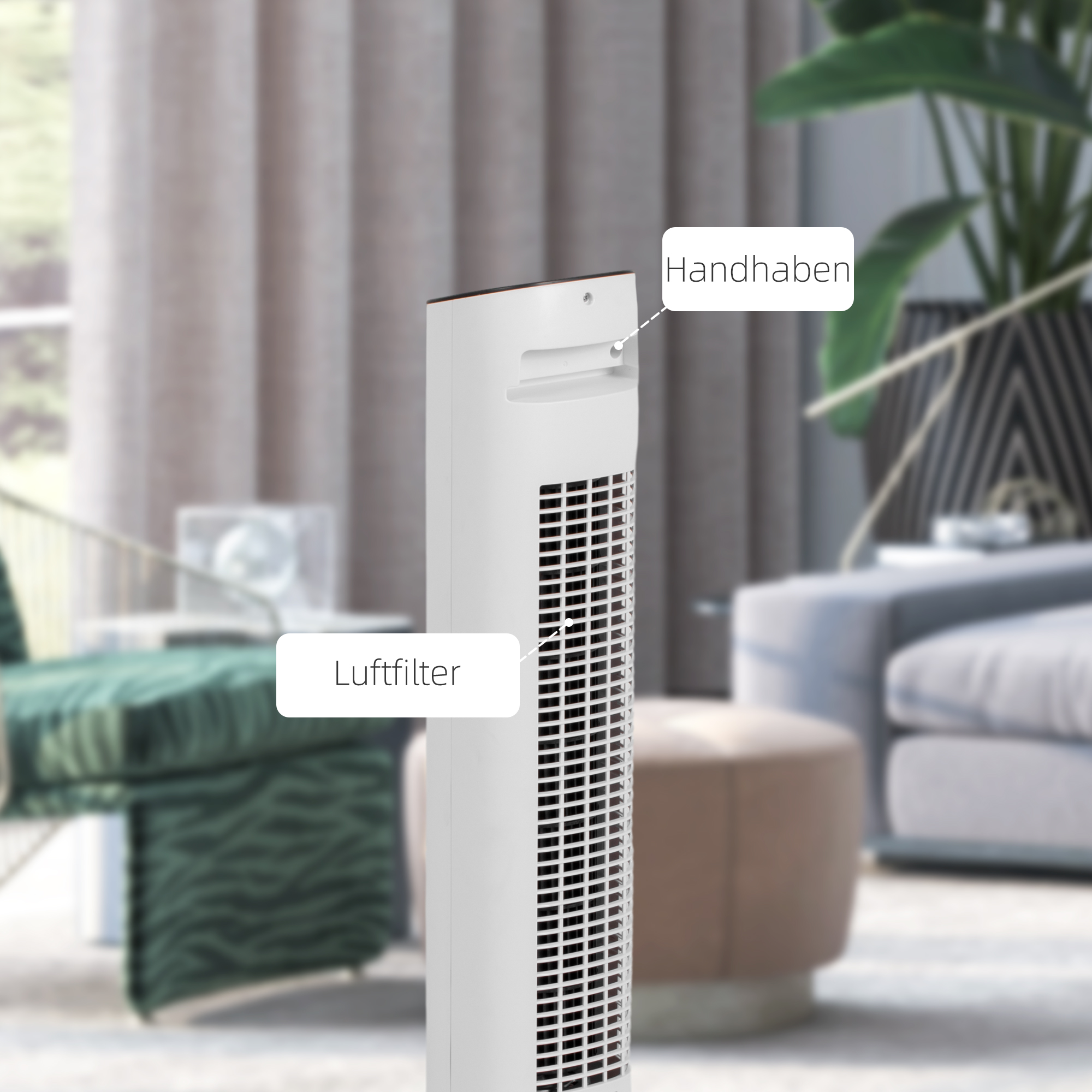 85° oszillierender Turmventilator mit Fernbedienung 3 Geschwindigkeiten 2 Modi Timer LED-Display 30x30x78 cm Weiß
