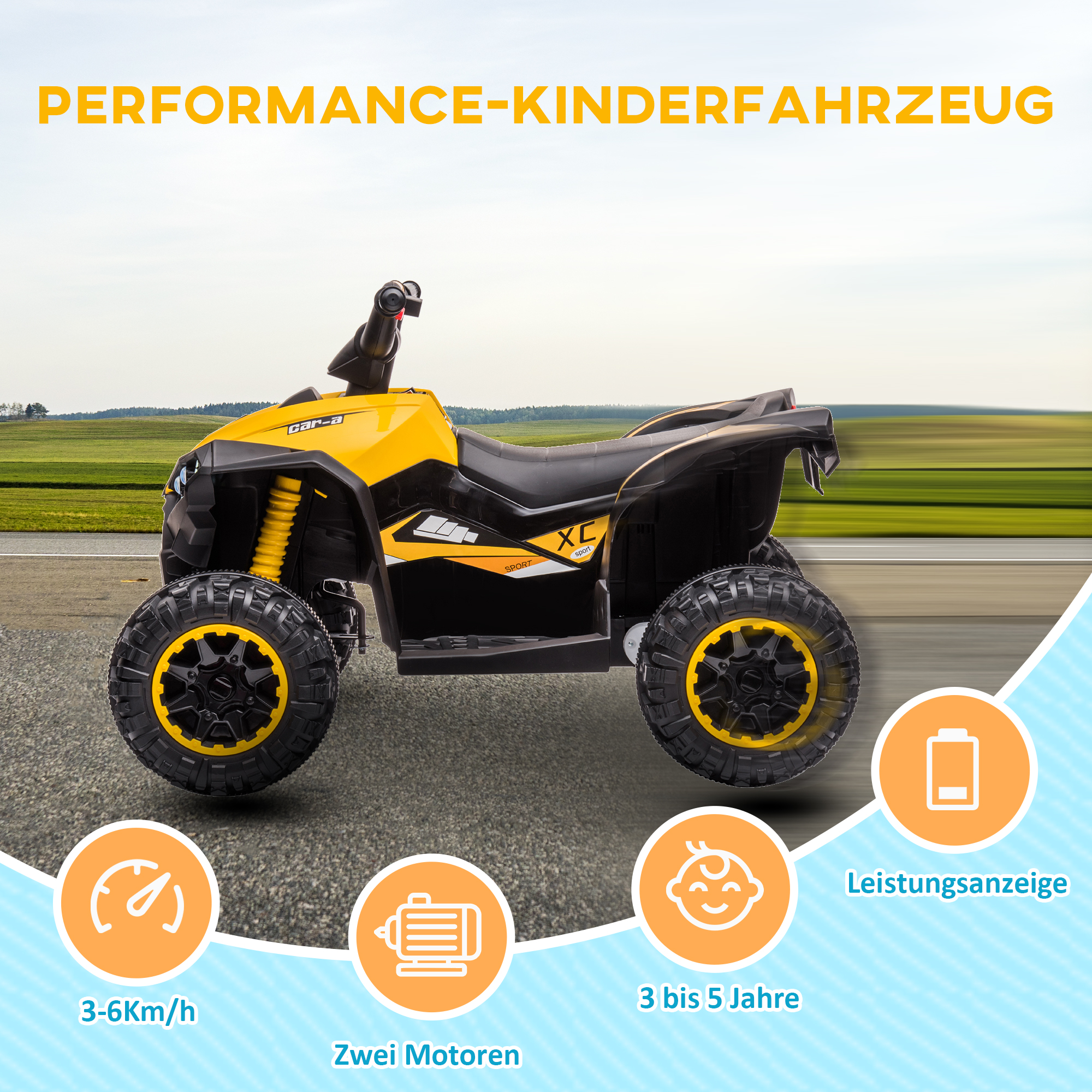Elektro-Kinderquad, LED-Scheinwerfer, MP3-Player, Stoßdämpfer, ergonomischer Sitz, Gelb+Schwarz