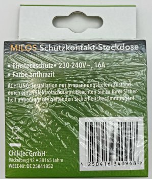 MILOS Schutzkontakt-Steckdose, Anthrazit / 250V~/ 16A, mit Rahmen, Klemmanschluss