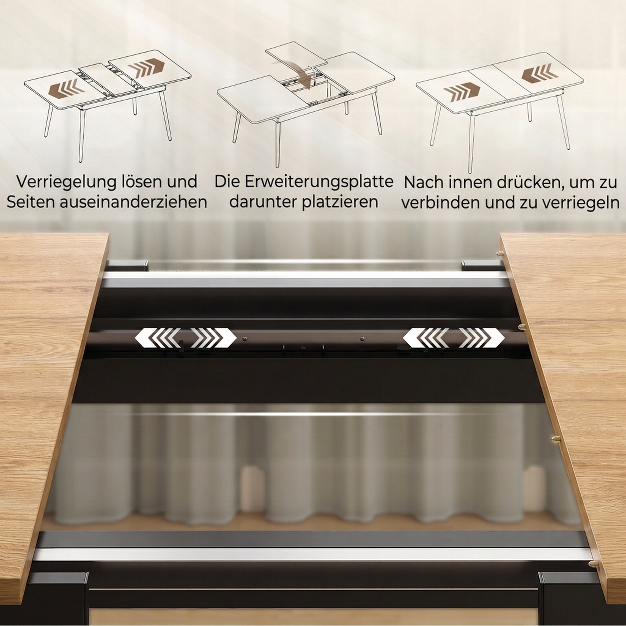 ausziehbarer Esstisch 130-160 cm, Küchentisch mit abgerundeten Ecken, Eiche