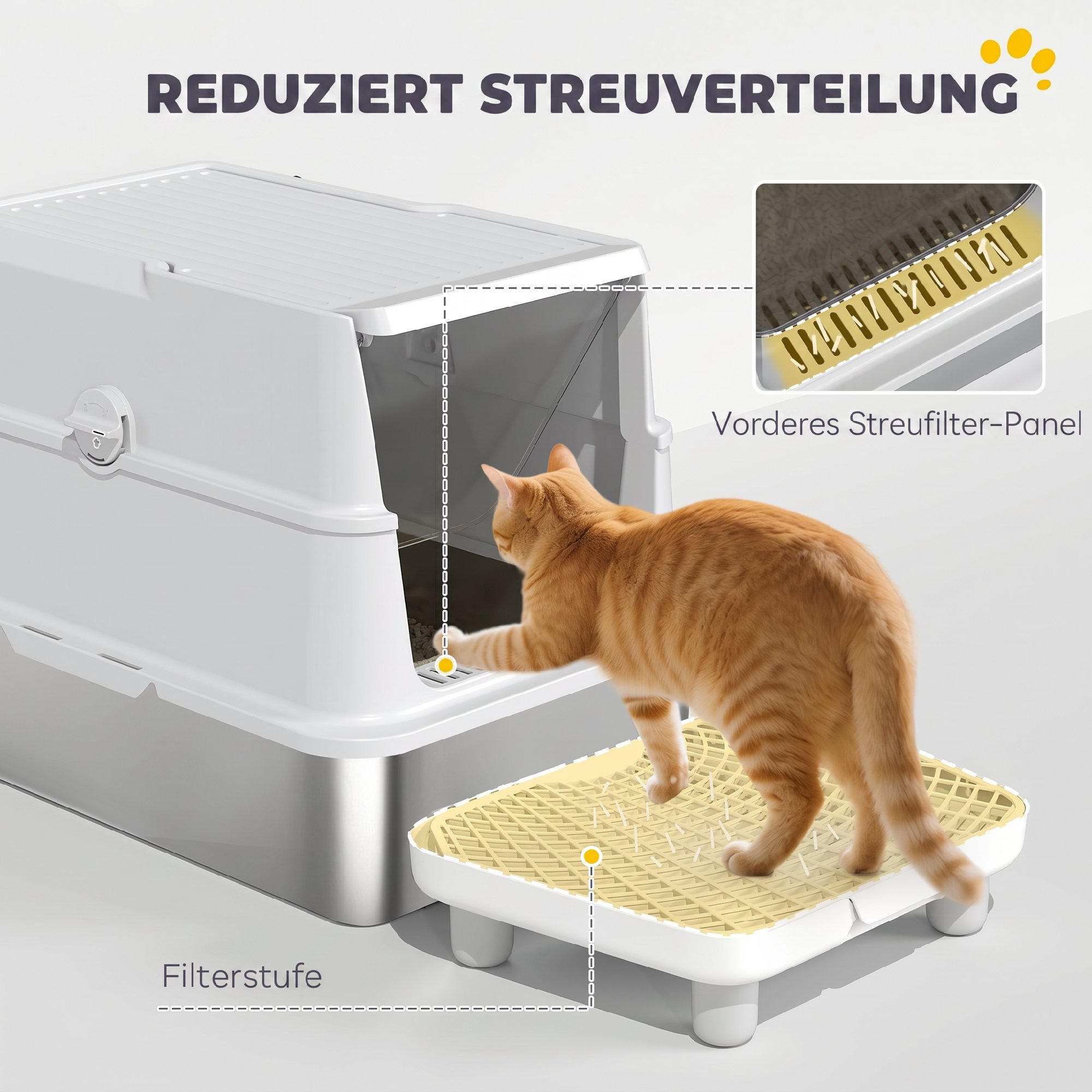 Katzentoilette, Edelstahl, XL-Innenraum, mit Schaufel, Hellgrau