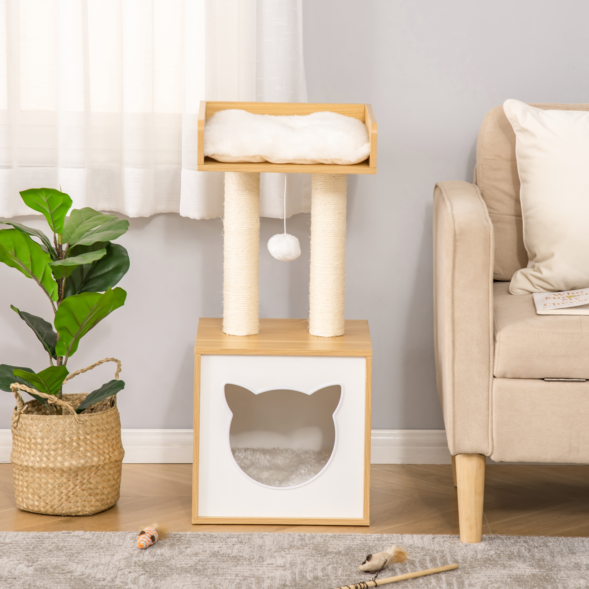 Katzenhöhle Katzenbett mit waschbarem Kissen, Plattform, Kratzsäule, Spielball, Katzenhaus für Katzen für Indoor 35 x 35 x 81 cm Eiche