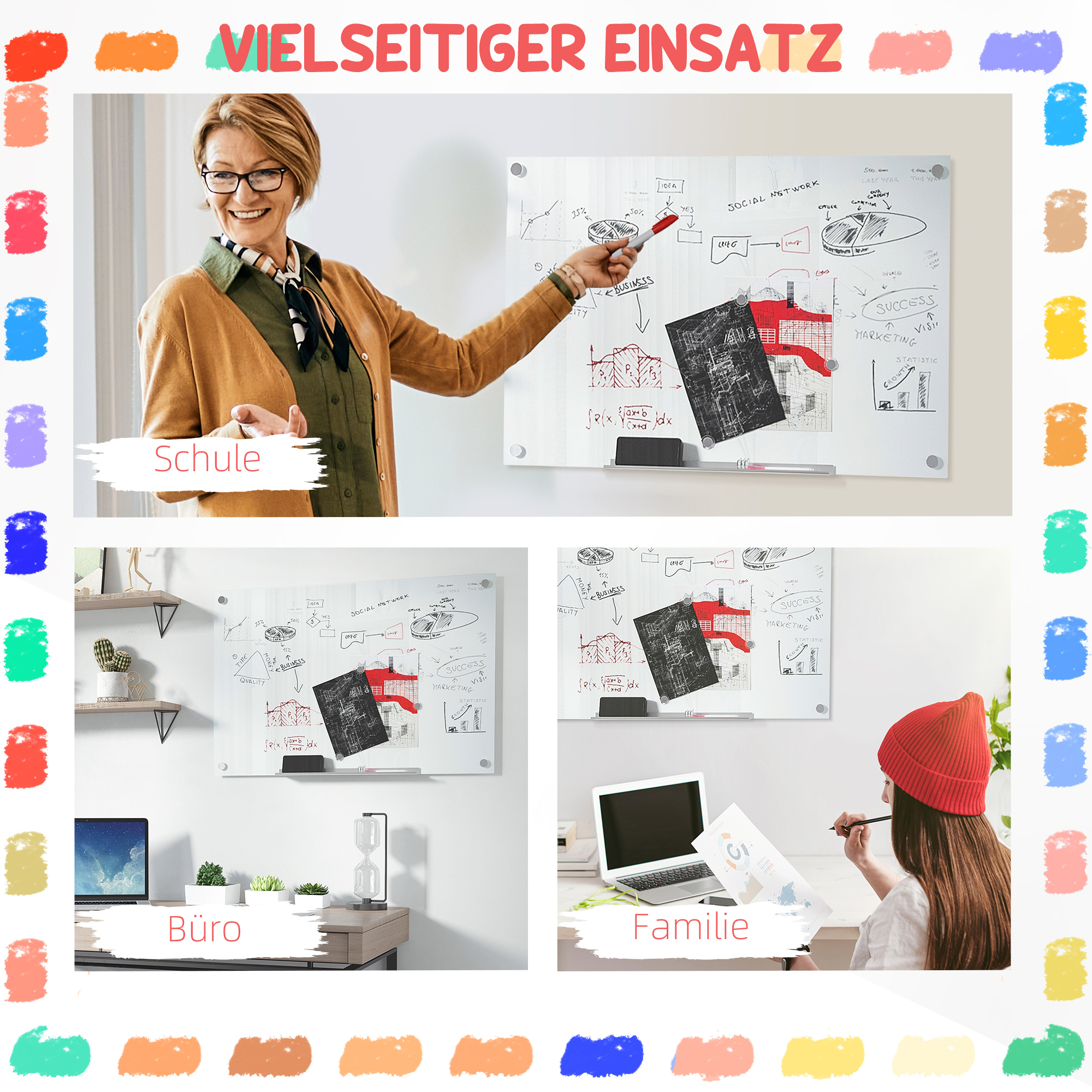 Glas Whiteboard, Memoboard, Whiteboard,  4 Stifte, 6 Magnete, 1 Schwamm,1 Ablage, Weiß