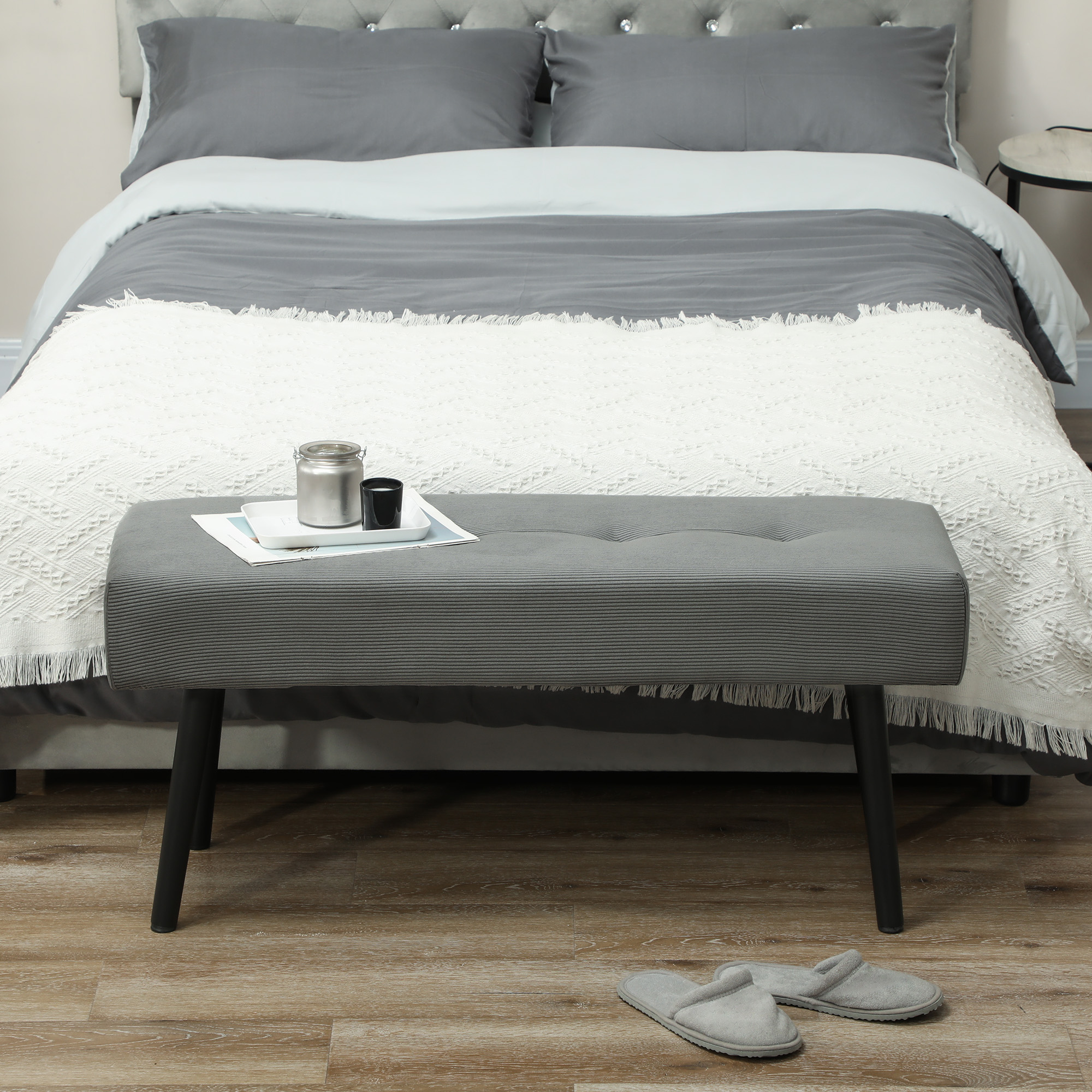 Sitzbank Polsterbank mit Cordbezug, Bettbank mit Metallbeine, Schuhbank 100 x 36 x 45 cm Grau