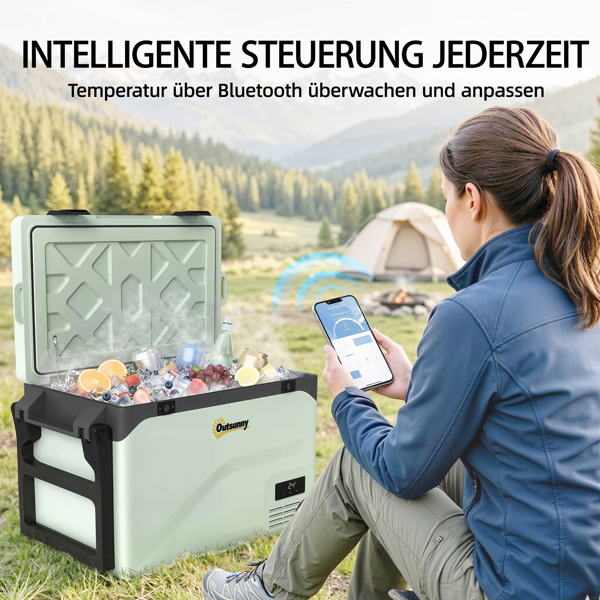 42,5 Liter Kompressor Kühlbox leise elektrisch Mini Kühlschrank bis -20℃ Kühlbox mit Bluetooth Rolle Griff Handyhalter