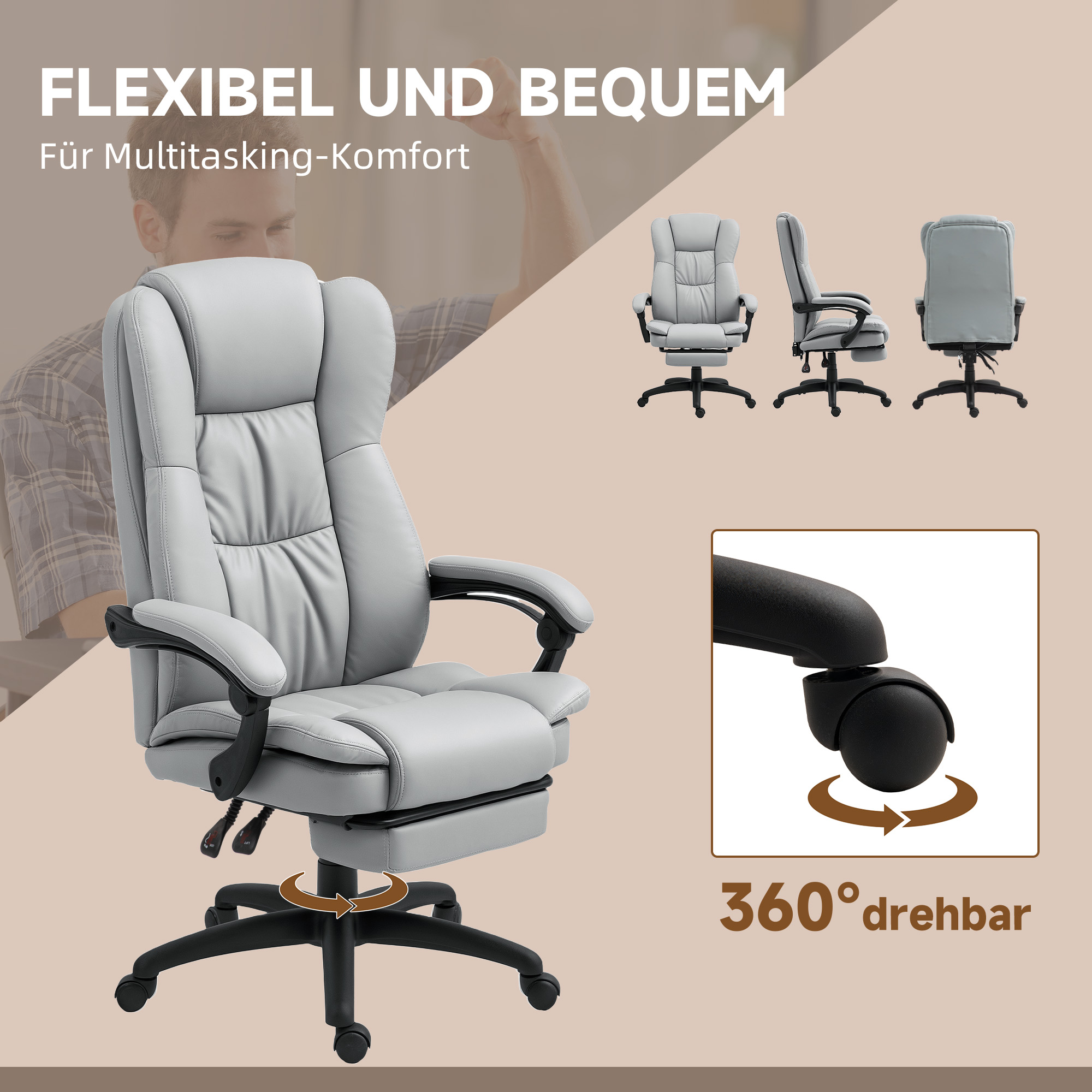 verstellbarer Drehstuhl mit Fußstütze, Kopfstütze, Massagefunktion, Kunstleder, 68,5x68,5x113-121cm