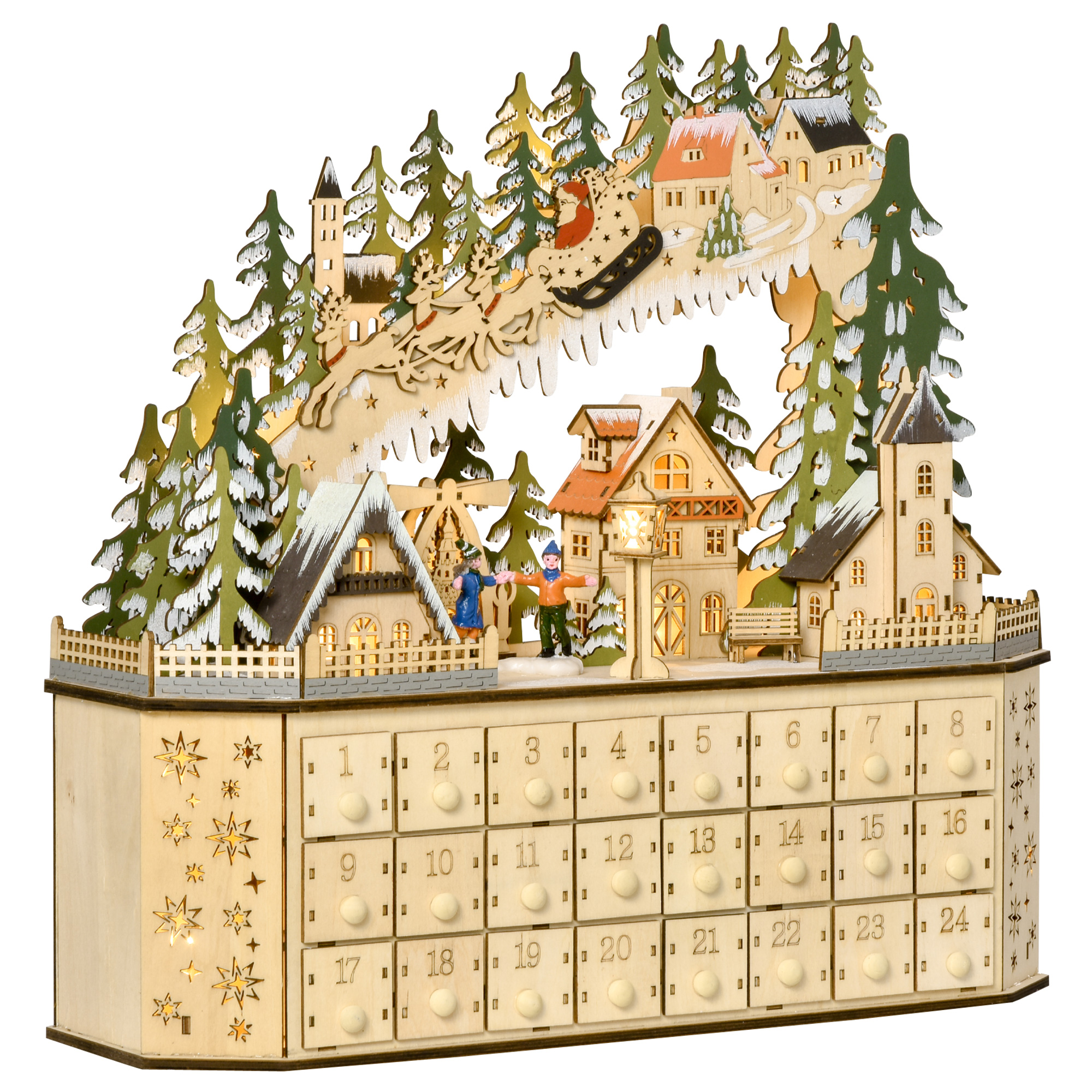 Adventskalender Weichnachtsdekoration Weihnachtsdeko, 24 Schubladen, LED-Lichter, 39 cm x 9 cm x 42 cm, Weiß + Grün