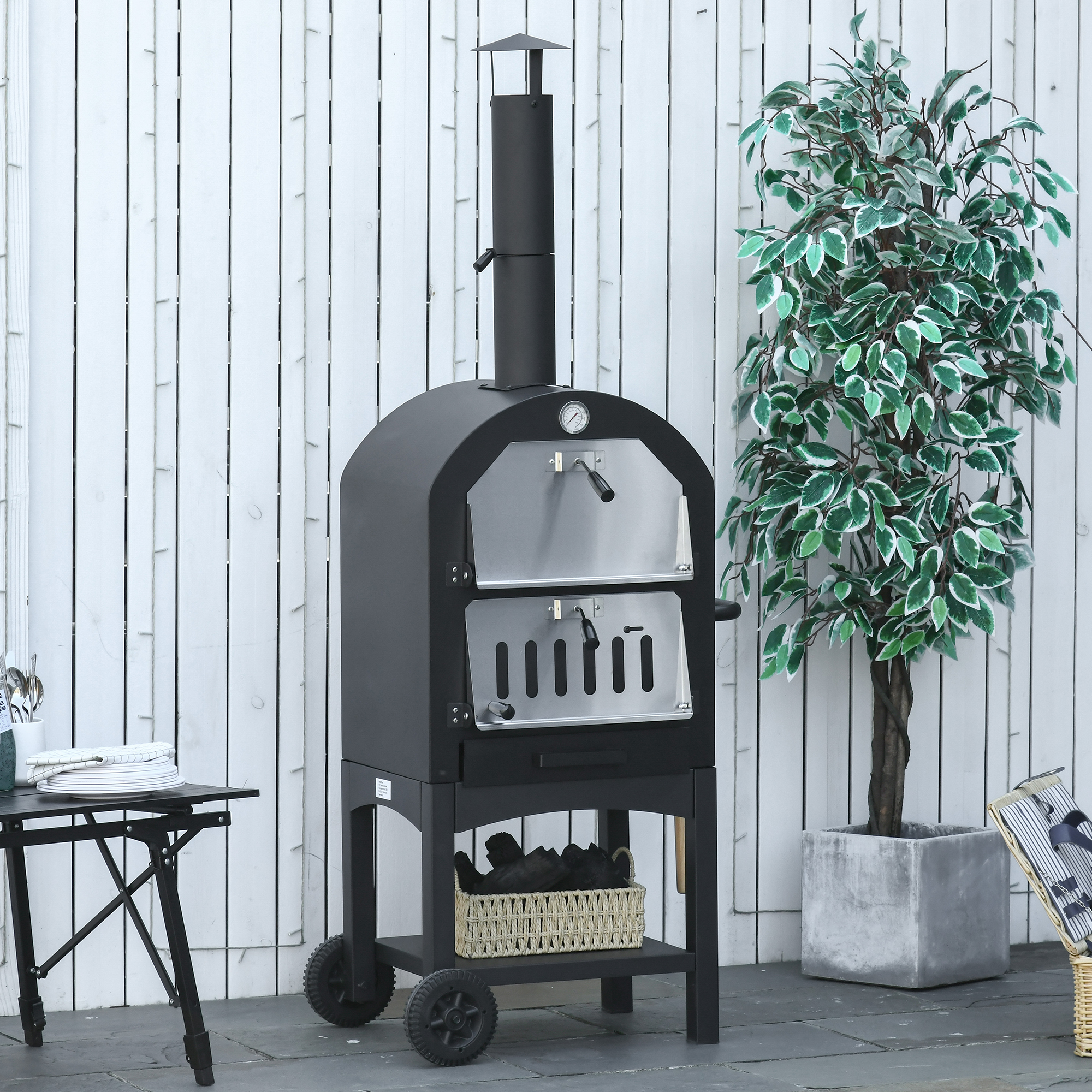 2-In-1 Pizzaofen Outdoor mit Rollen Grillofen mit Schutzhülle Pizzaschaufel 2 Grillnetzen Grillwagen mit Schornstein 3-Tier Holzbackofen für BBQ Stahl Schwarz+Silber 63 x 54 x 161 cm