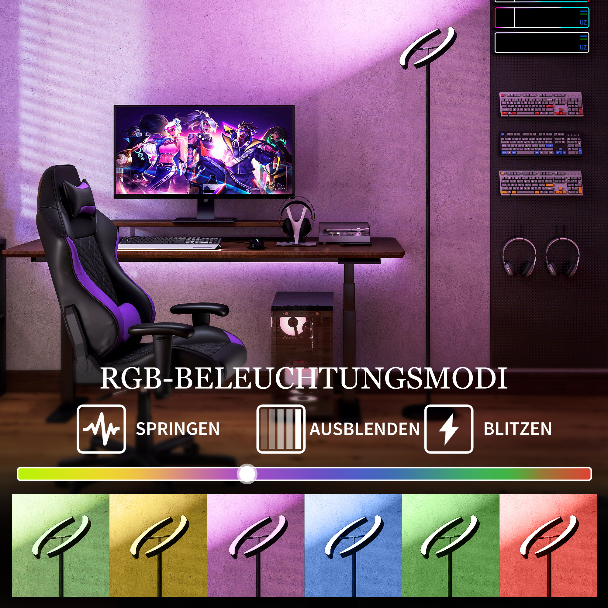RGB Stehlampe, dimmbare Lampe mit mehrfarbigen Beleuchtungsmöglichkeiten, drehbar, Schwarz