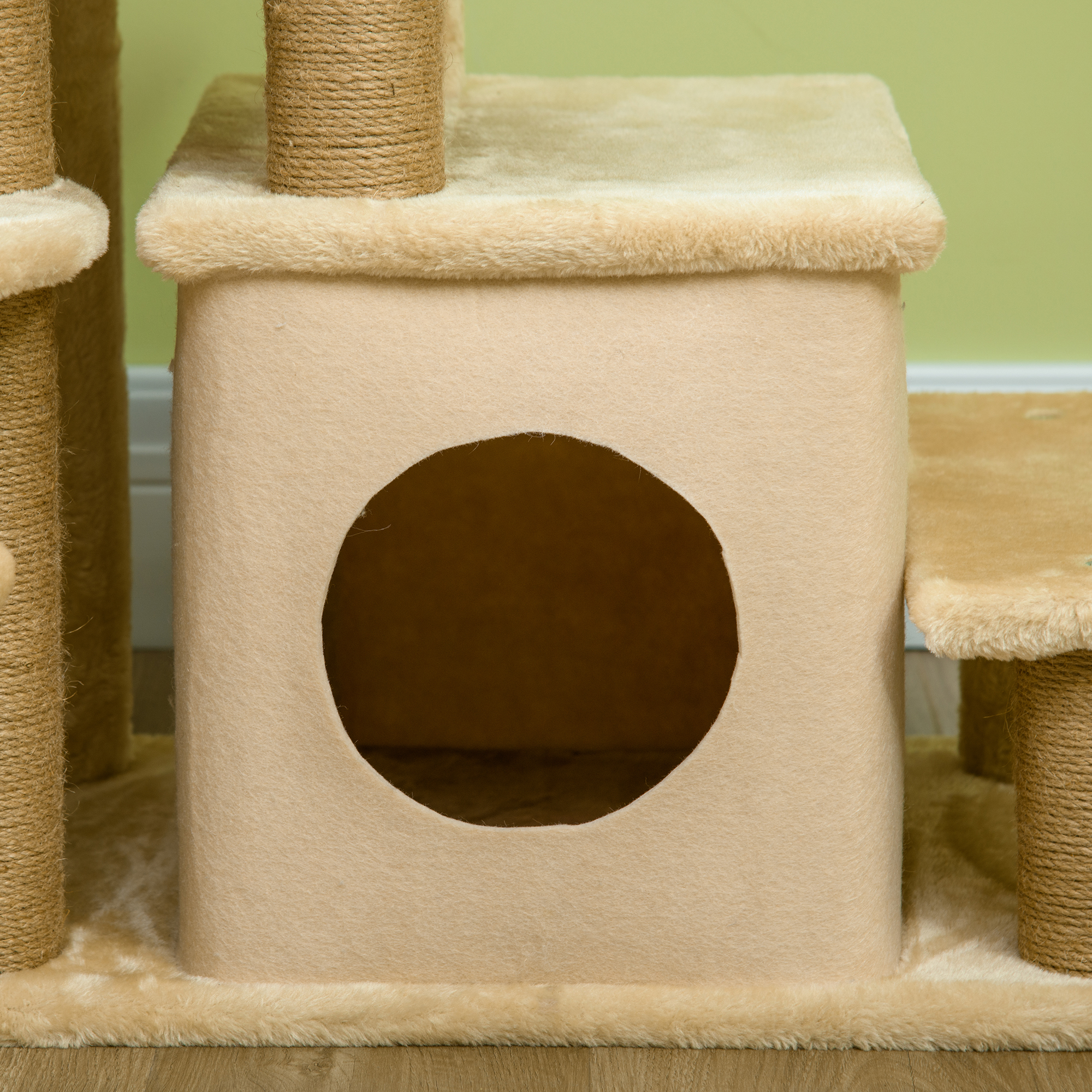 Haustiertreppe, Kratzbaum, 4 Stufen, Spielball, Häuschen, höhenverstellbar, 60 x 40 x 66 cm, Beige