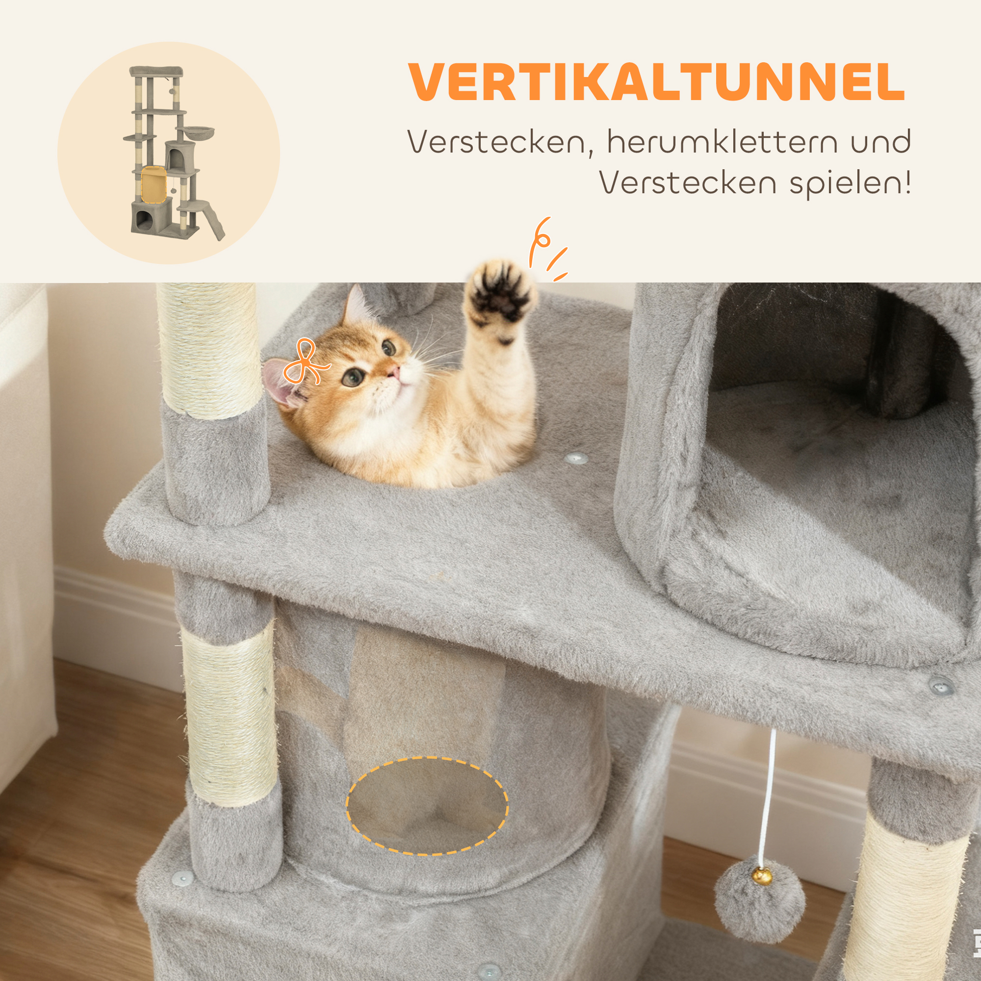 Katzenkratzbaum, 170 cm, Tunnel, Höhlen, große Basis, Sisalpfosten, Hellgrau