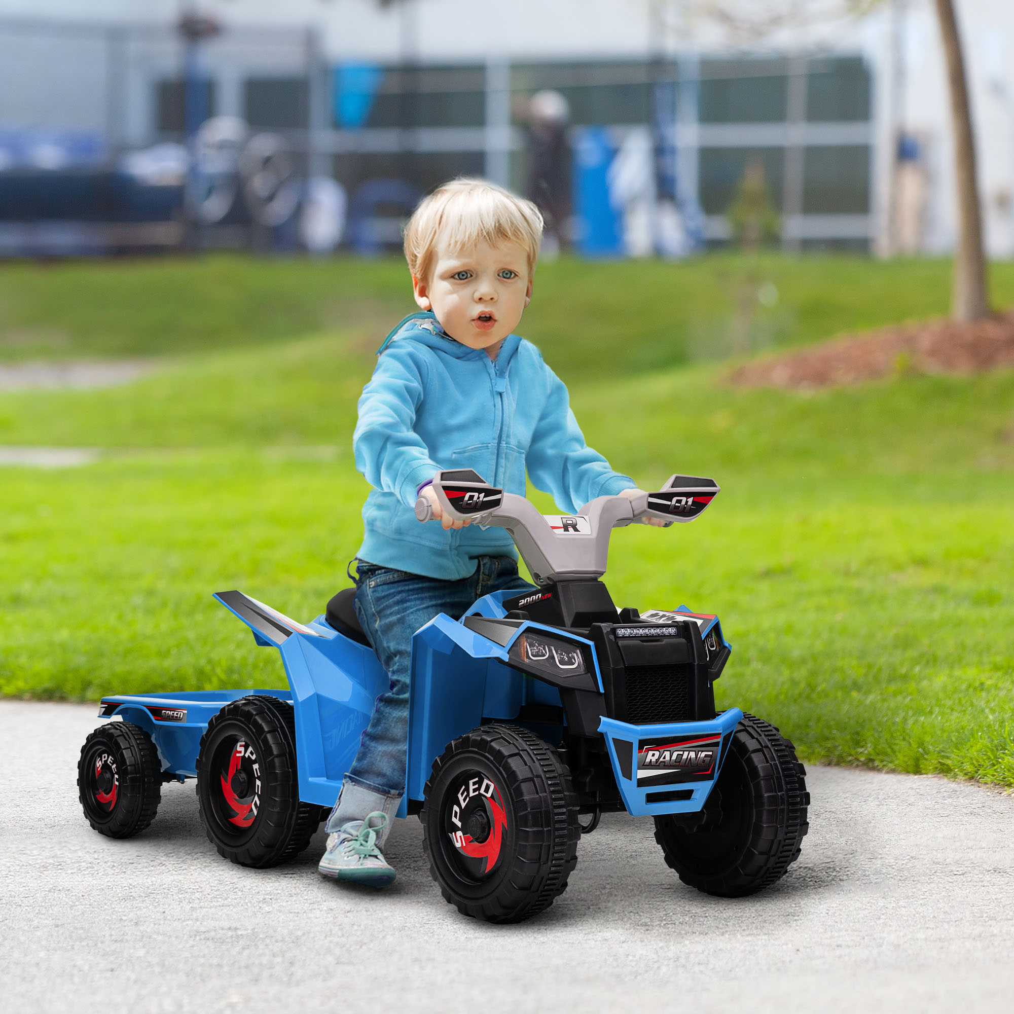 Kinderquad, aufladbar, 2,5 km/h, mit Anhänger, 50 Min, Fahrzeit, für Kinder 1,5 bis 3 Jahre, Blau
