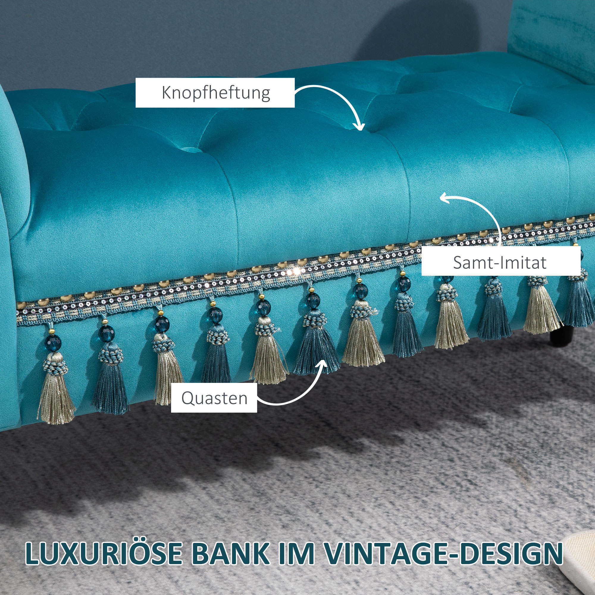 Sitzbank Polsterbank mit Samt-Bezug, Armlehne Bettbank mit Holzrahmen, Schuhbank für Schlafzimmer, Wohnzimmer, Flur 117 x 40 x 58 cm Blau
